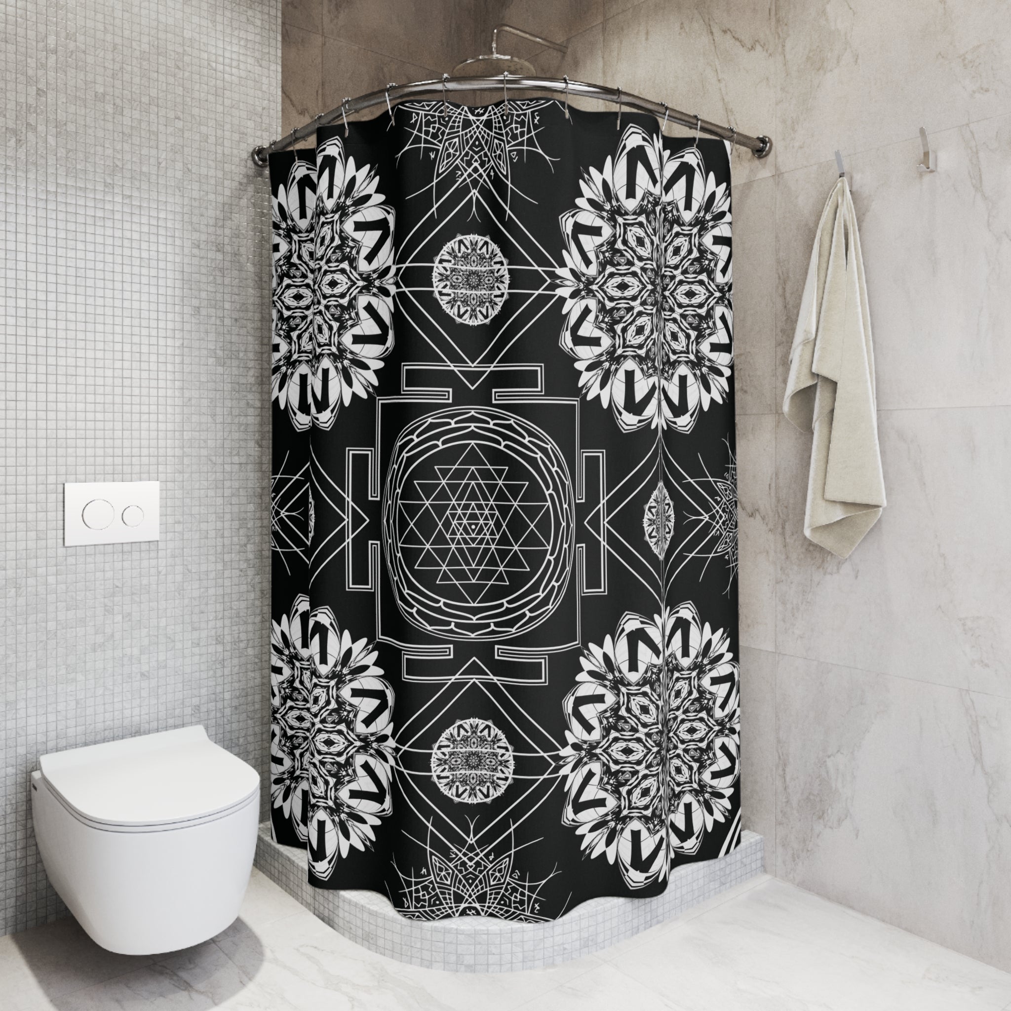Sacred Geometry Shower Curtain — Mystical Black & White Mandala Bathroom Decor
