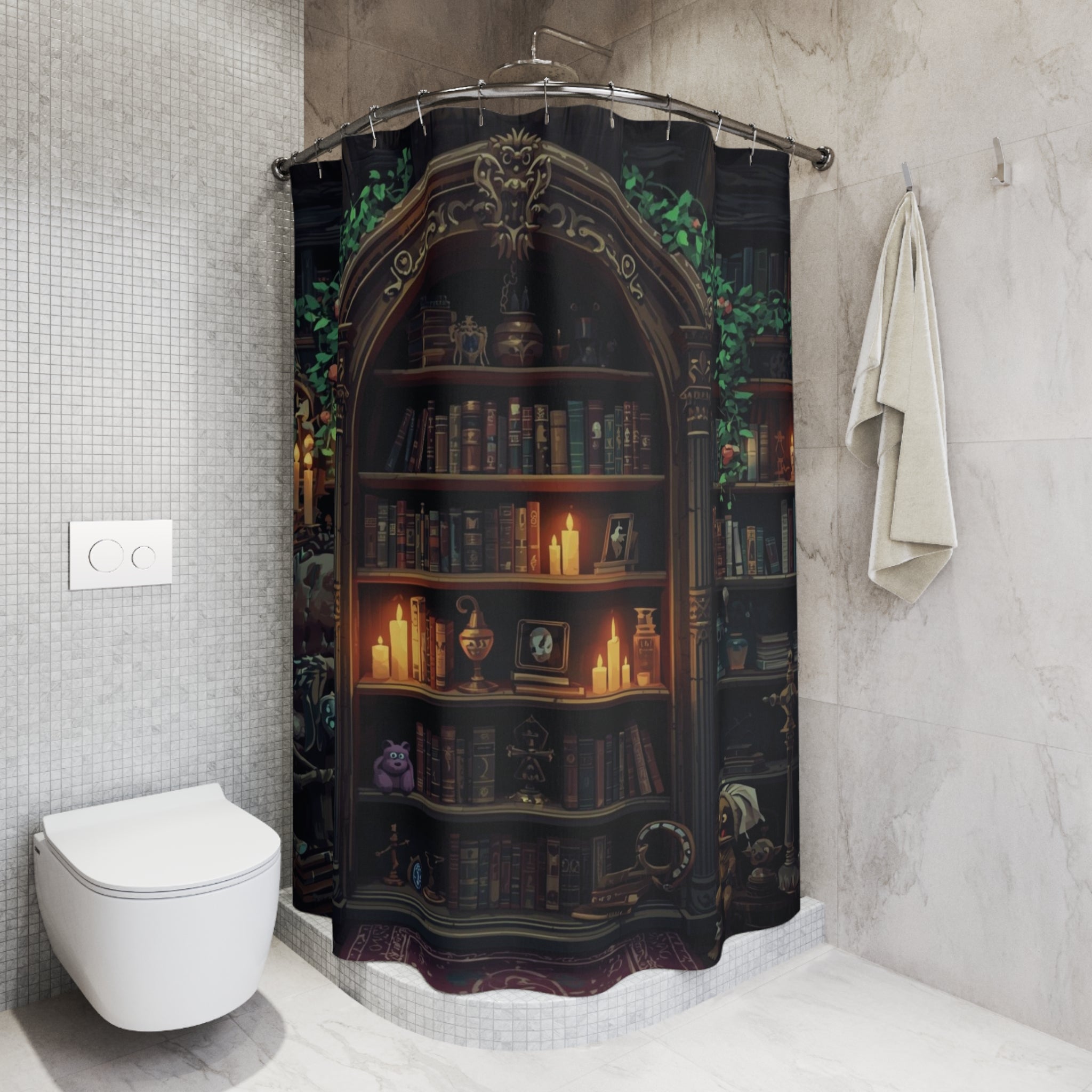 Whimsical Bookcase Shower Curtain — Dark Fantasy Library Bathroom Decor