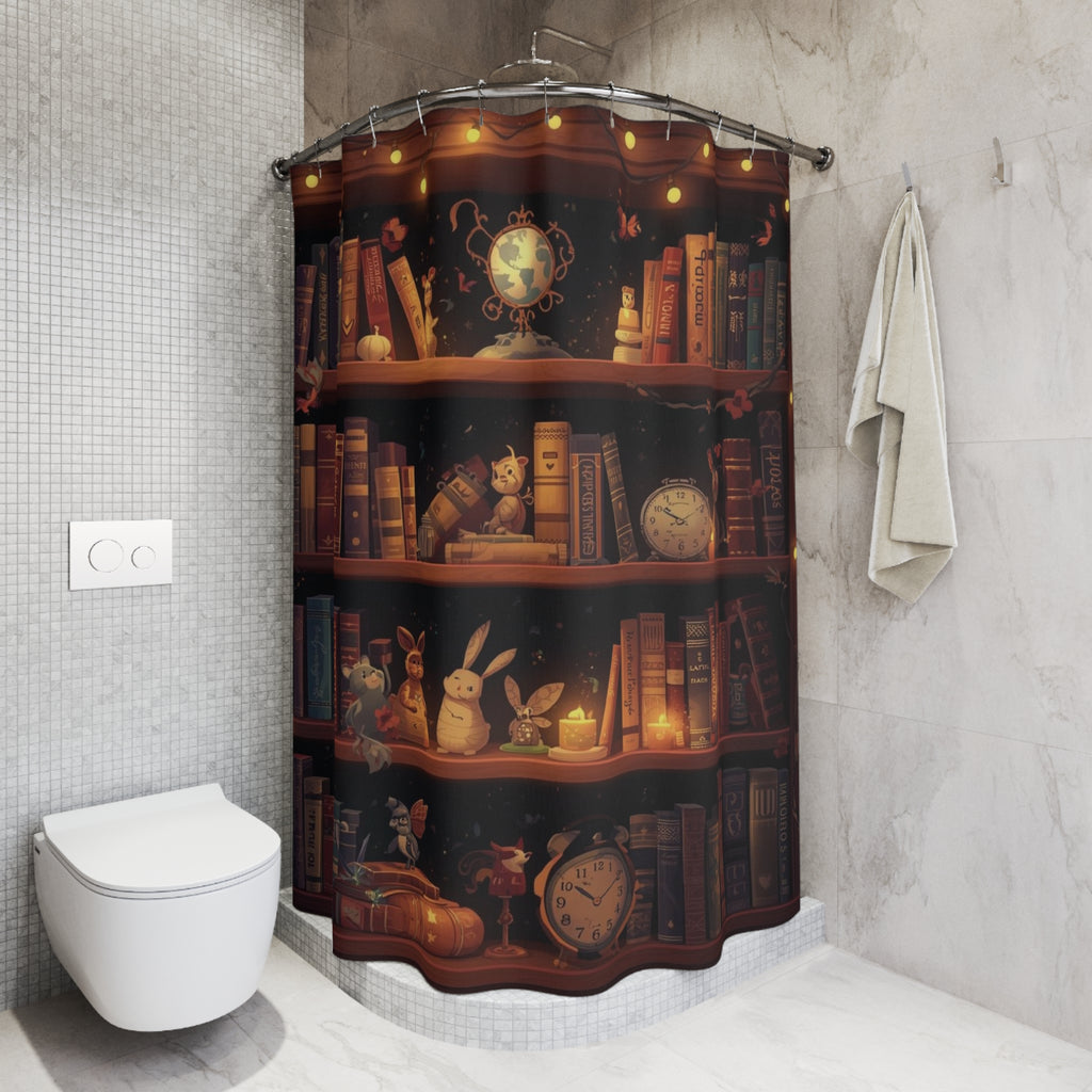 Whimsical Rabbit Bookcase Shower Curtain — Cozy Fantasy Library Bathroom Decor
