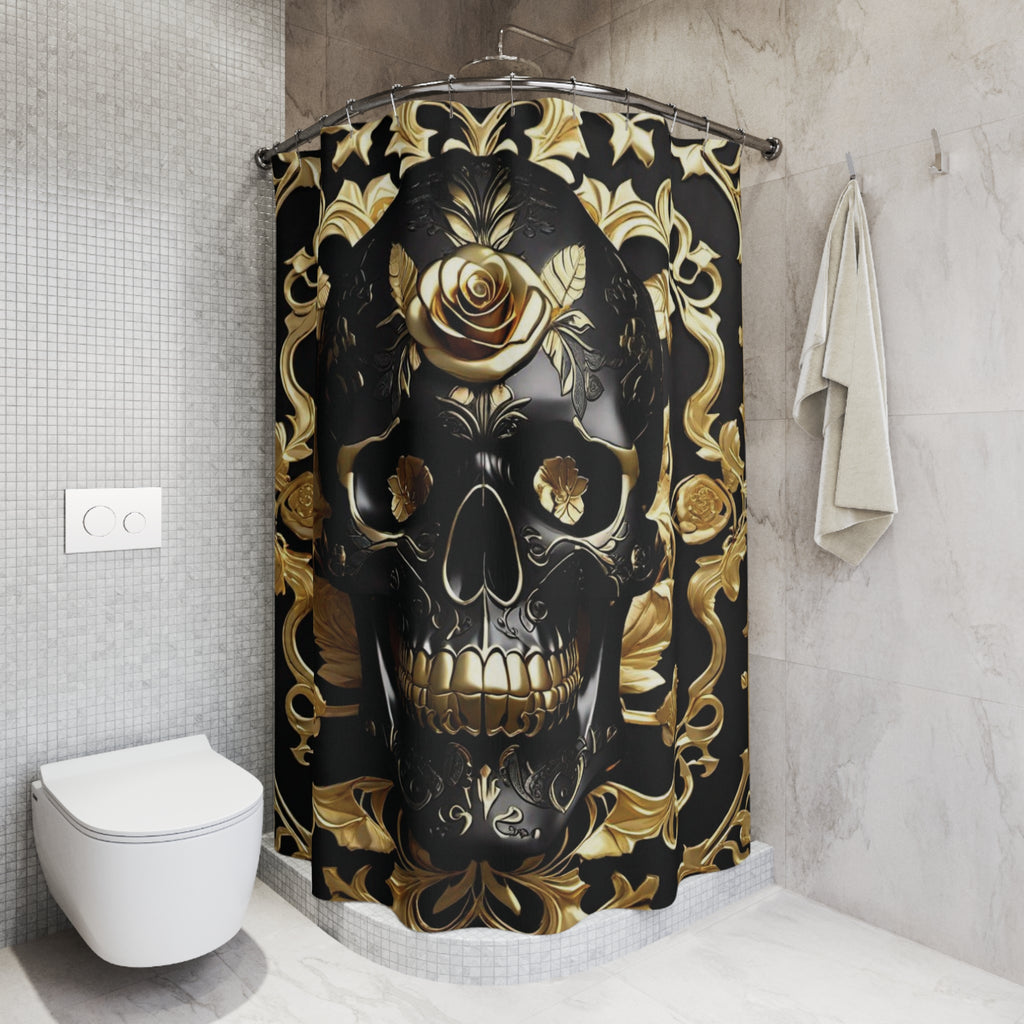 Gothic Black & Gold Skull Shower Curtain — Luxury Baroque Bathroom Decor