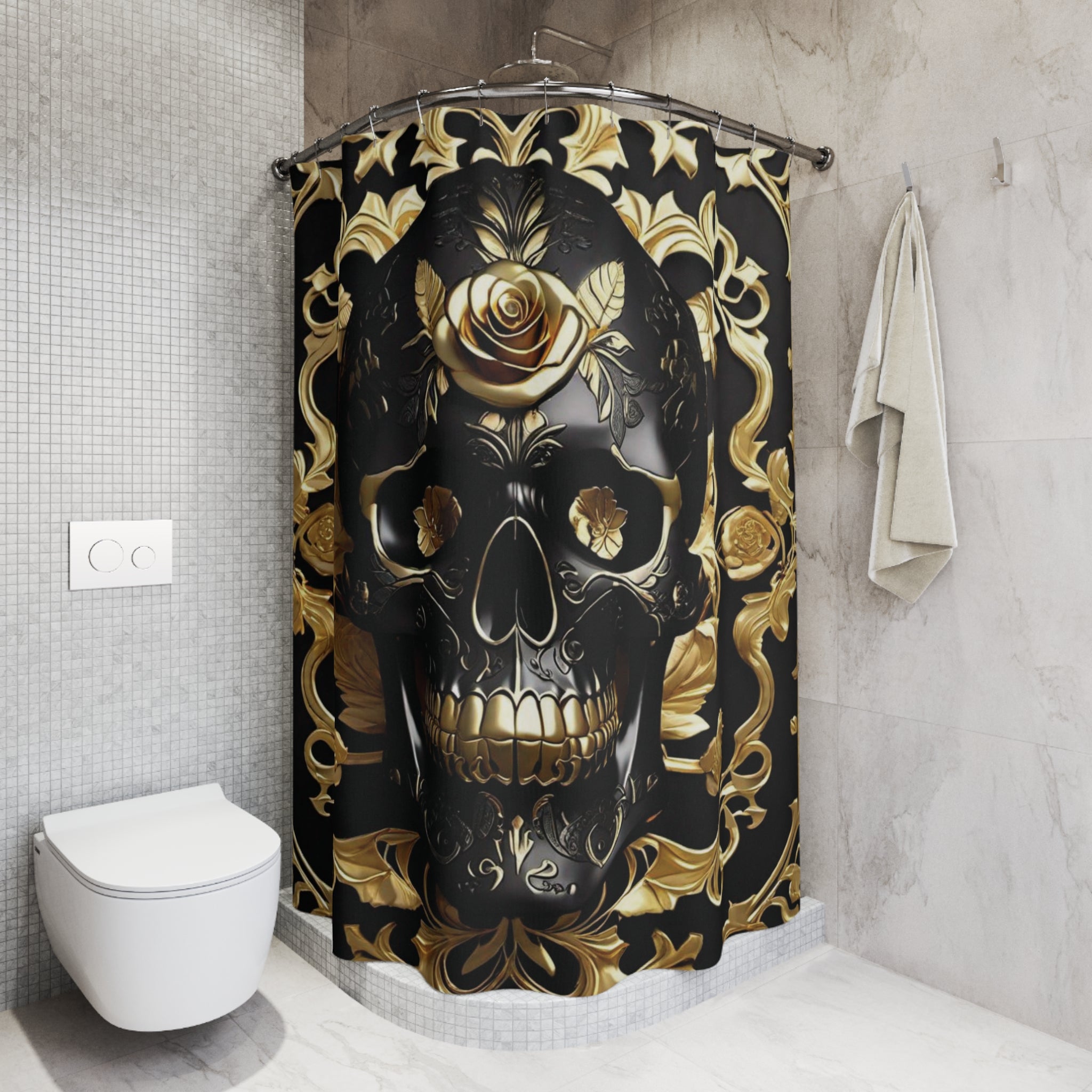 Gothic Black & Gold Skull Shower Curtain — Luxury Baroque Bathroom Decor