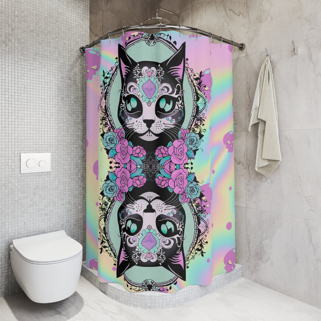 Pastel Goth Cat Shower Curtain — Kawaii Sugar Skull Cat Rainbow Bathroom Decor