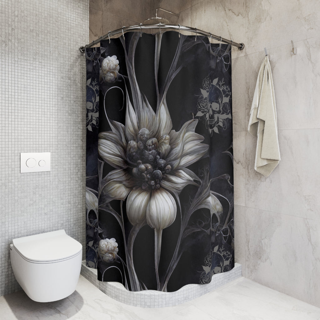 Gothic Botanical Skull Shower Curtain — Dark Floral Bathroom Decor