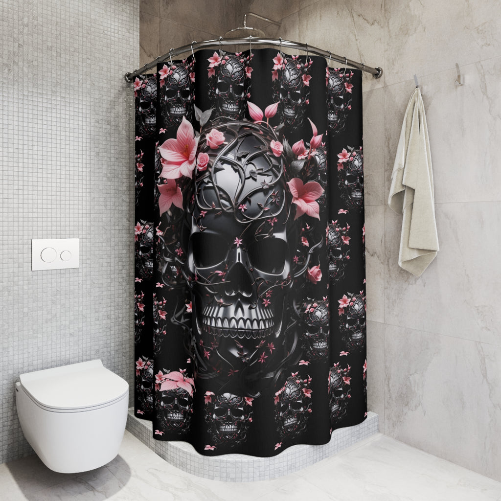 Gothic Floral Skull Shower Curtain — Dark Botanical Bathroom Decor
