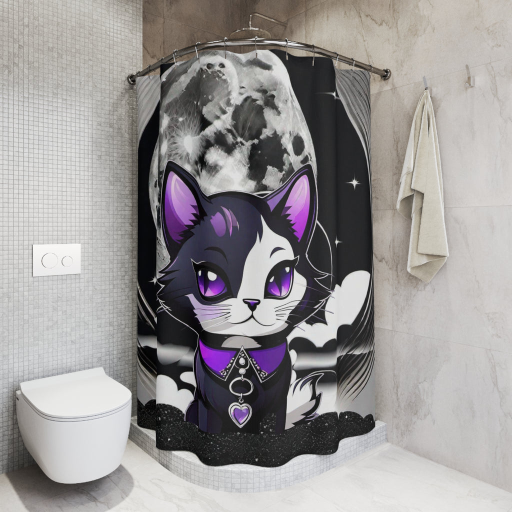 Pastel Goth Black Cat Full Moon Shower Curtain — Witchy Bathroom Decor