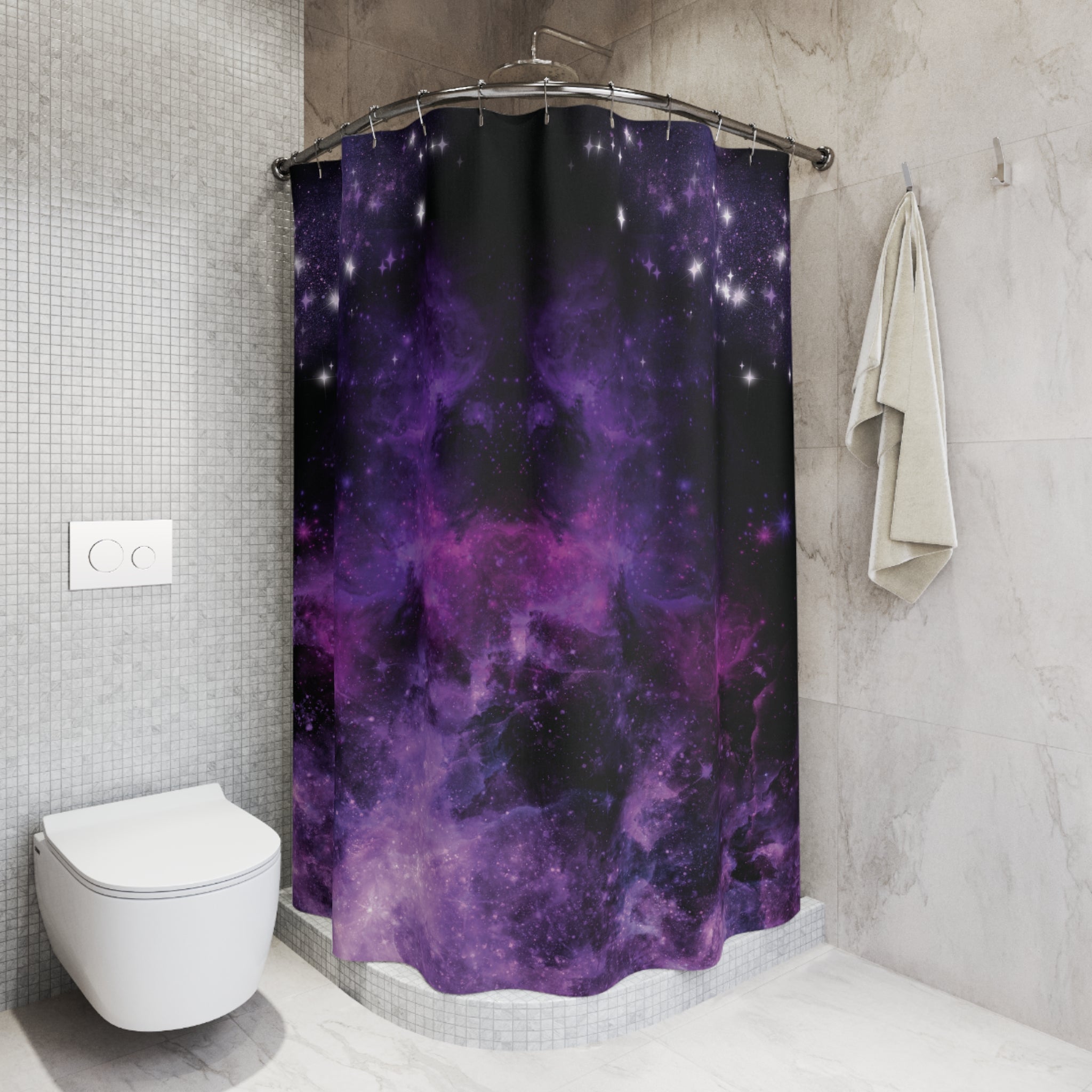 Pastel Goth Galaxy Shower Curtain — Purple Nebula Cosmic Bathroom Decor