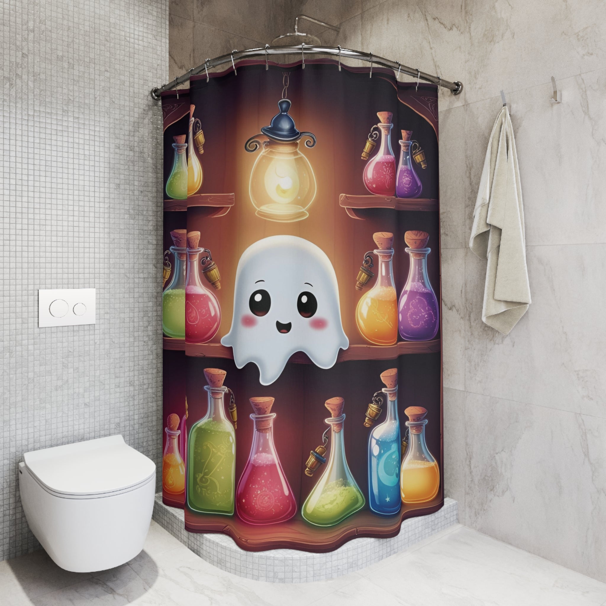 Apothecary Ghost Shower Curtain — Whimsigoth Potion Shelf Bathroom Decor