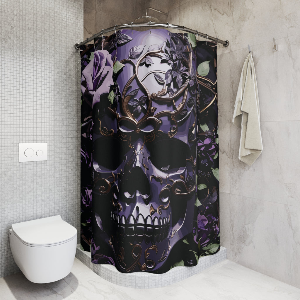 Gothic Purple Skull Shower Curtain — Dark Floral Rose Bathroom Decor