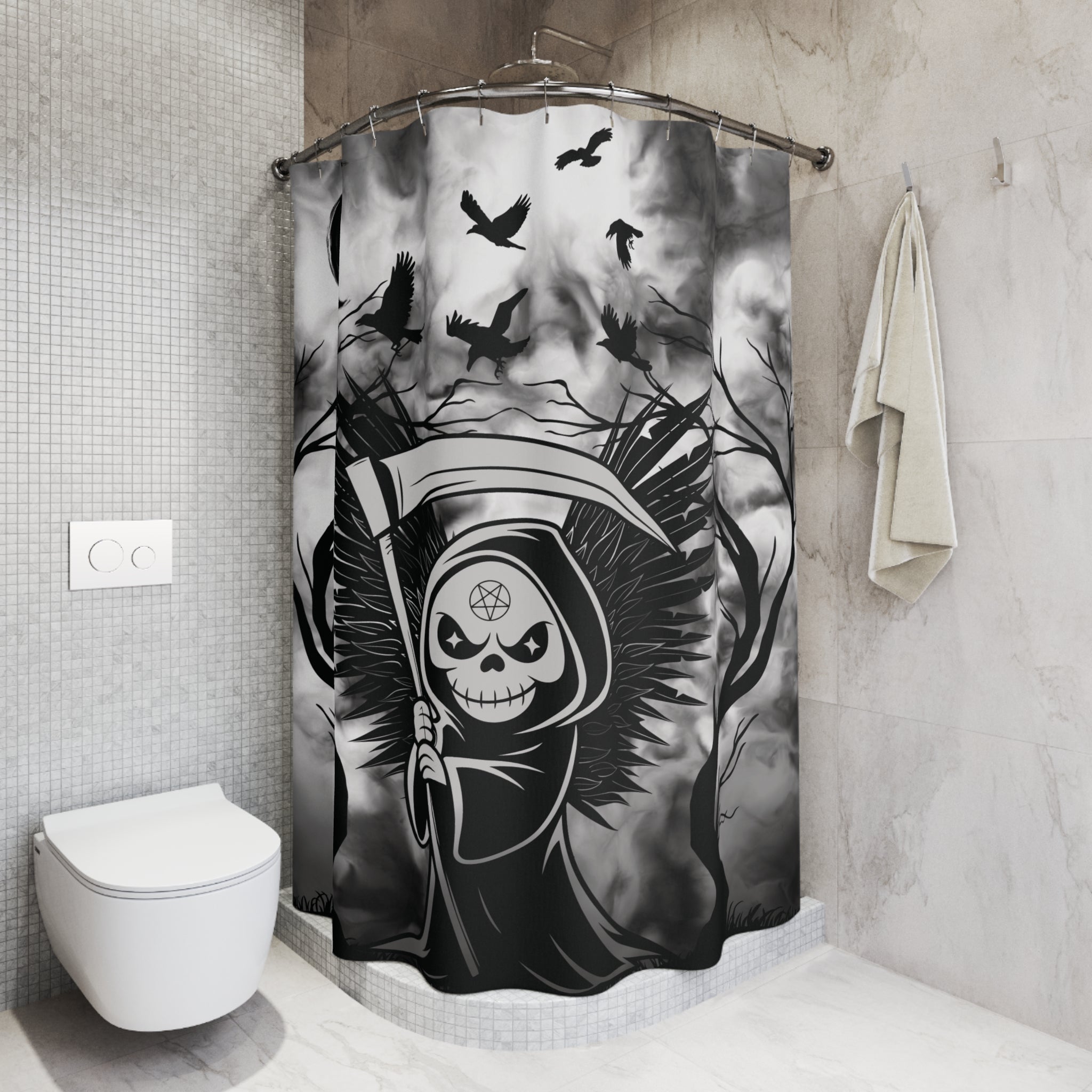 Gothic Grim Reaper Shower Curtain — Dark Macabre Bathroom Decor
