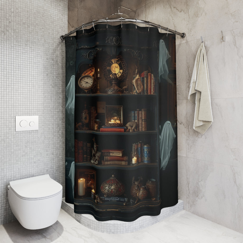 Whimsigoth Bookcase Ghost Shower Curtain — Dark Academia Ghost Library Decor