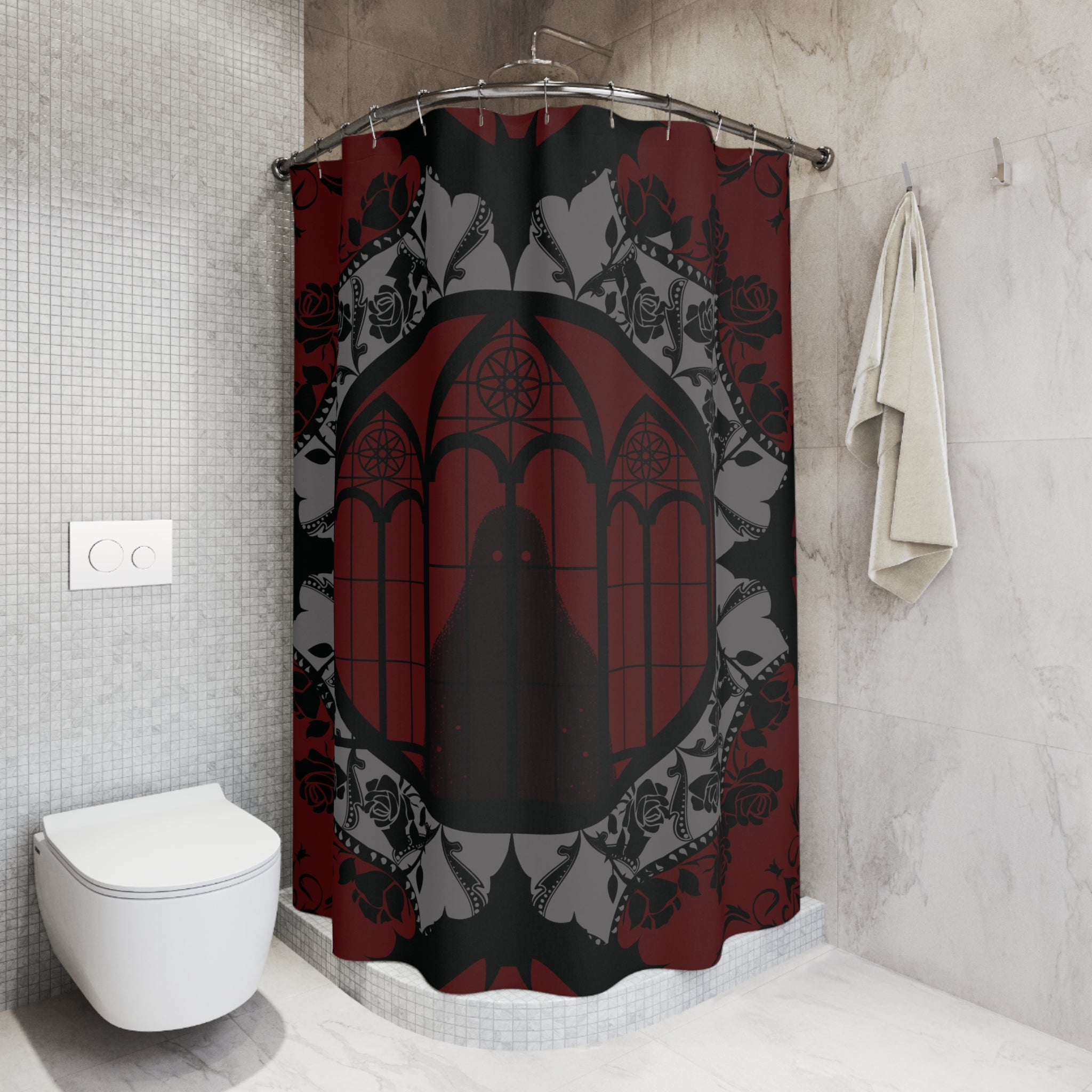Gothic Cathedral Bats Shower Curtain — Crimson Rose Mandala Bathroom Decor