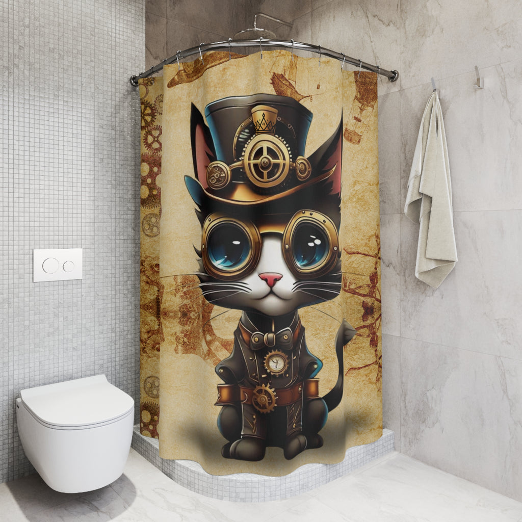 Steampunk Cat Shower Curtain — Vintage Industrial Bathroom Decor