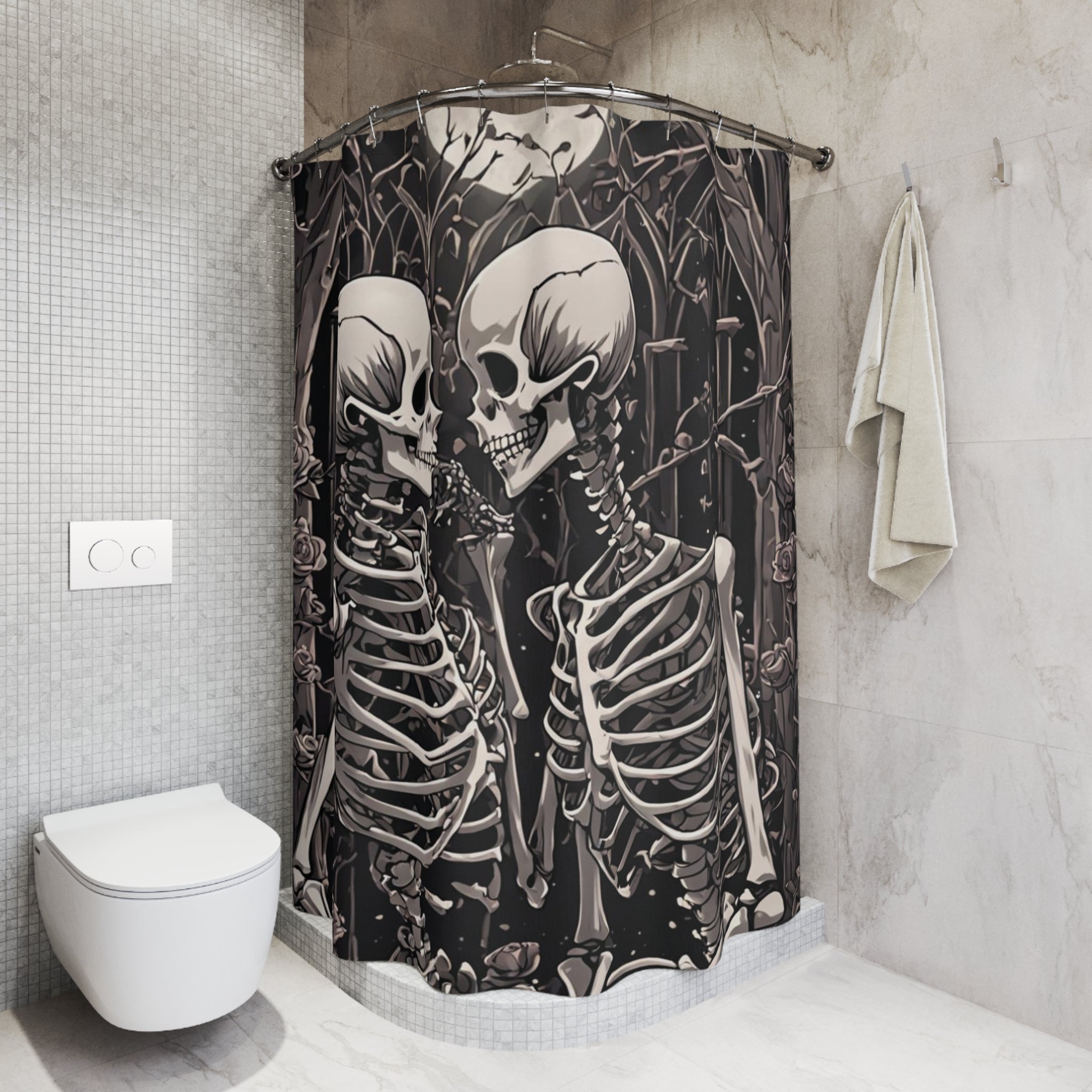Gothic Skeleton Love Shower Curtain — Dark Romance Valloween Bathroom Decor