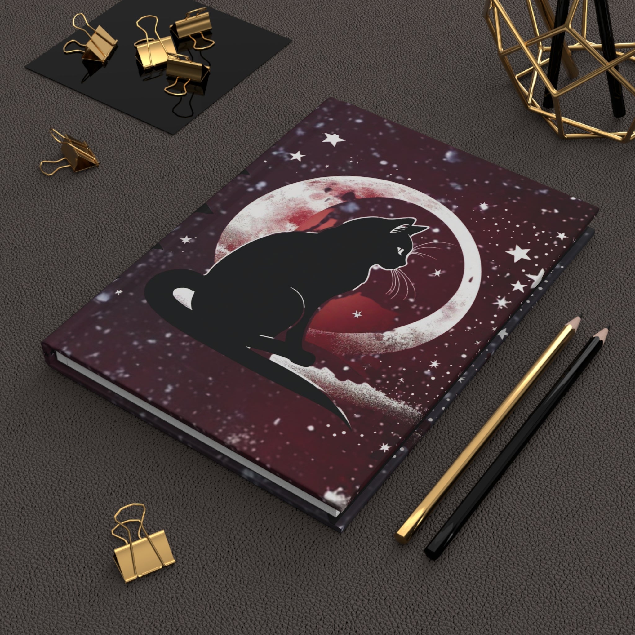 Gothic Black Cat Full Moon Journal — Crimson Starfield Hardcover Spell Book