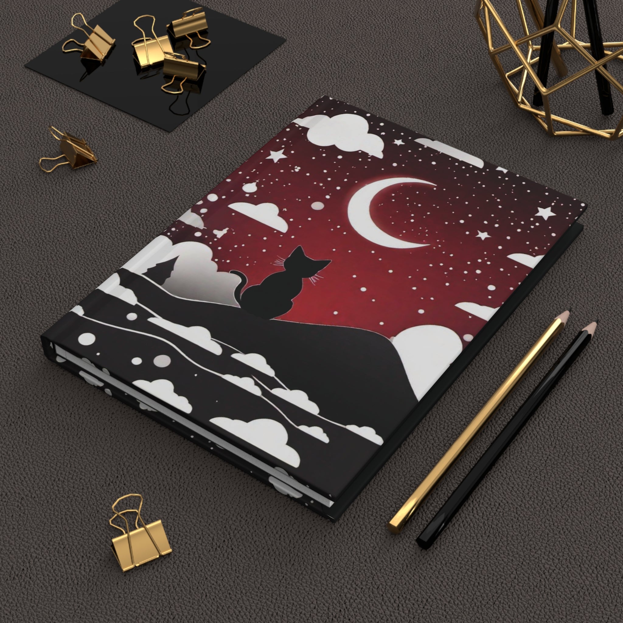 Gothic Black Cat Midnight Journal — Crimson Crescent Moon Hardcover Spell Book