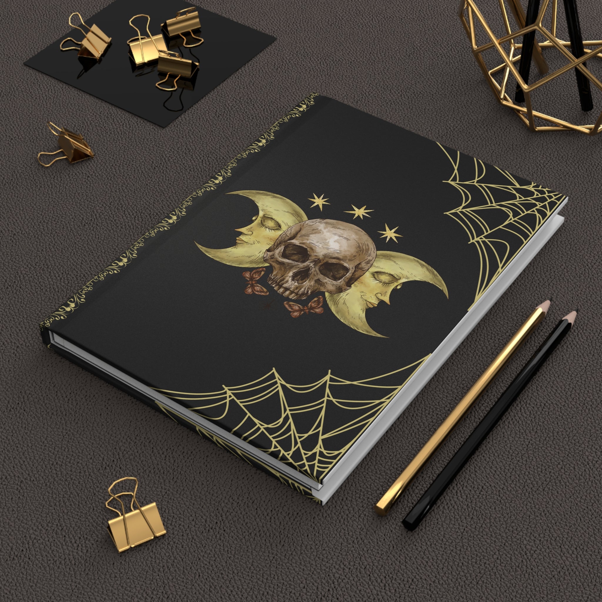 Gothic Skull & Crescent Moon Journal — Gold Spider Web Hardcover Spell Book