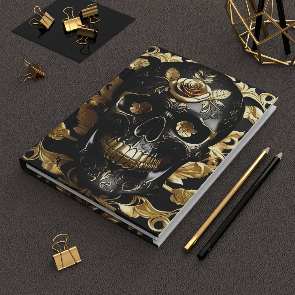 Gothic Black & Gold Skull Journal — Dark Floral Rose Hardcover Spell Book