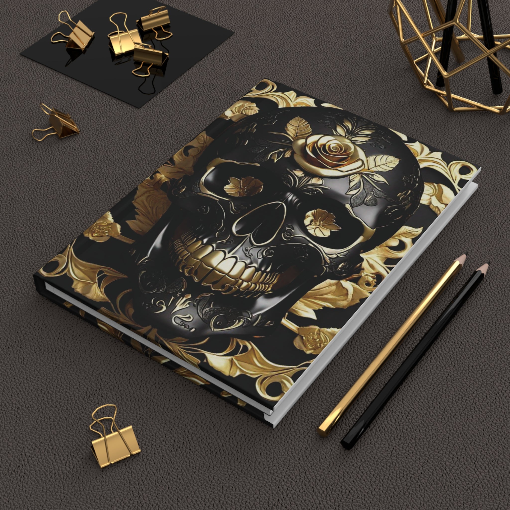 Gothic Black & Gold Skull Journal — Dark Floral Rose Hardcover Spell Book