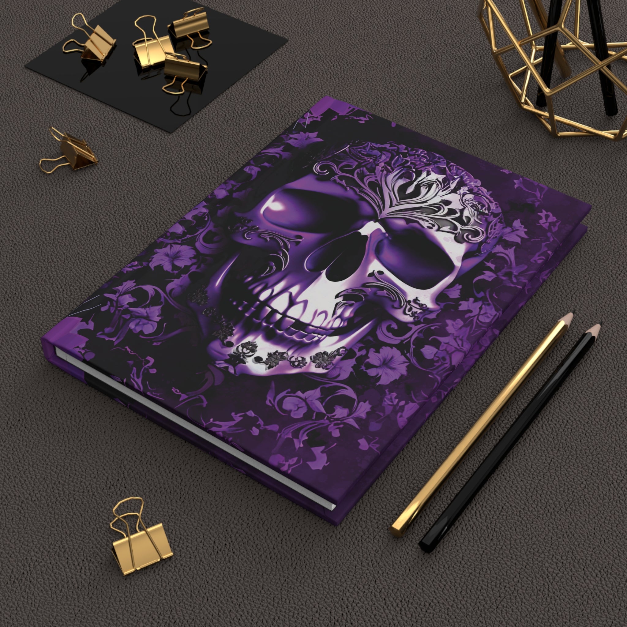 Gothic Purple Skull Journal — Dark Floral Baroque Hardcover Spell Book