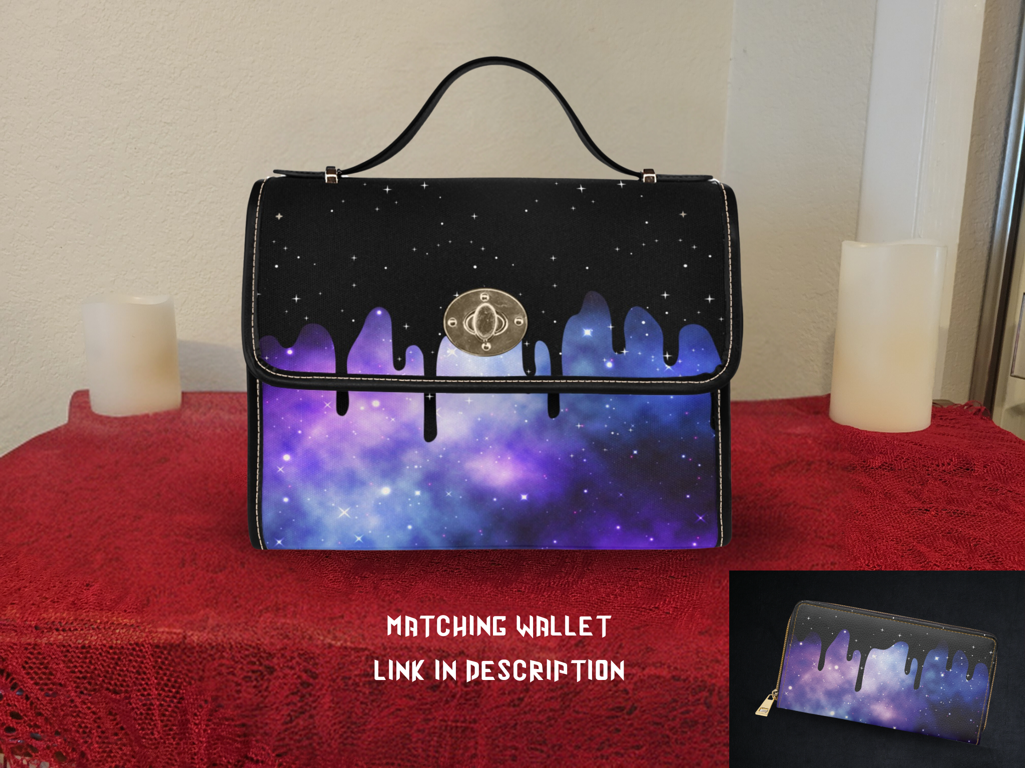 Pastel goth black drip purple blue galaxy nebula waterproof canvas handbag crossbody purse gold turn lock
