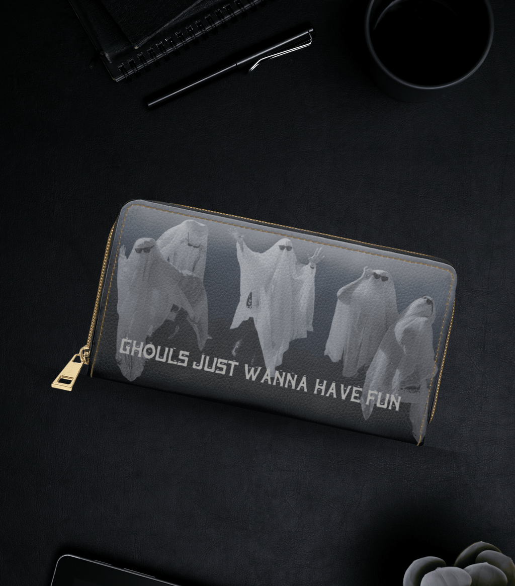 Ghouls just wanna have fun ghost sunglasses funny spooky faux leather zipper wallet gold hardware