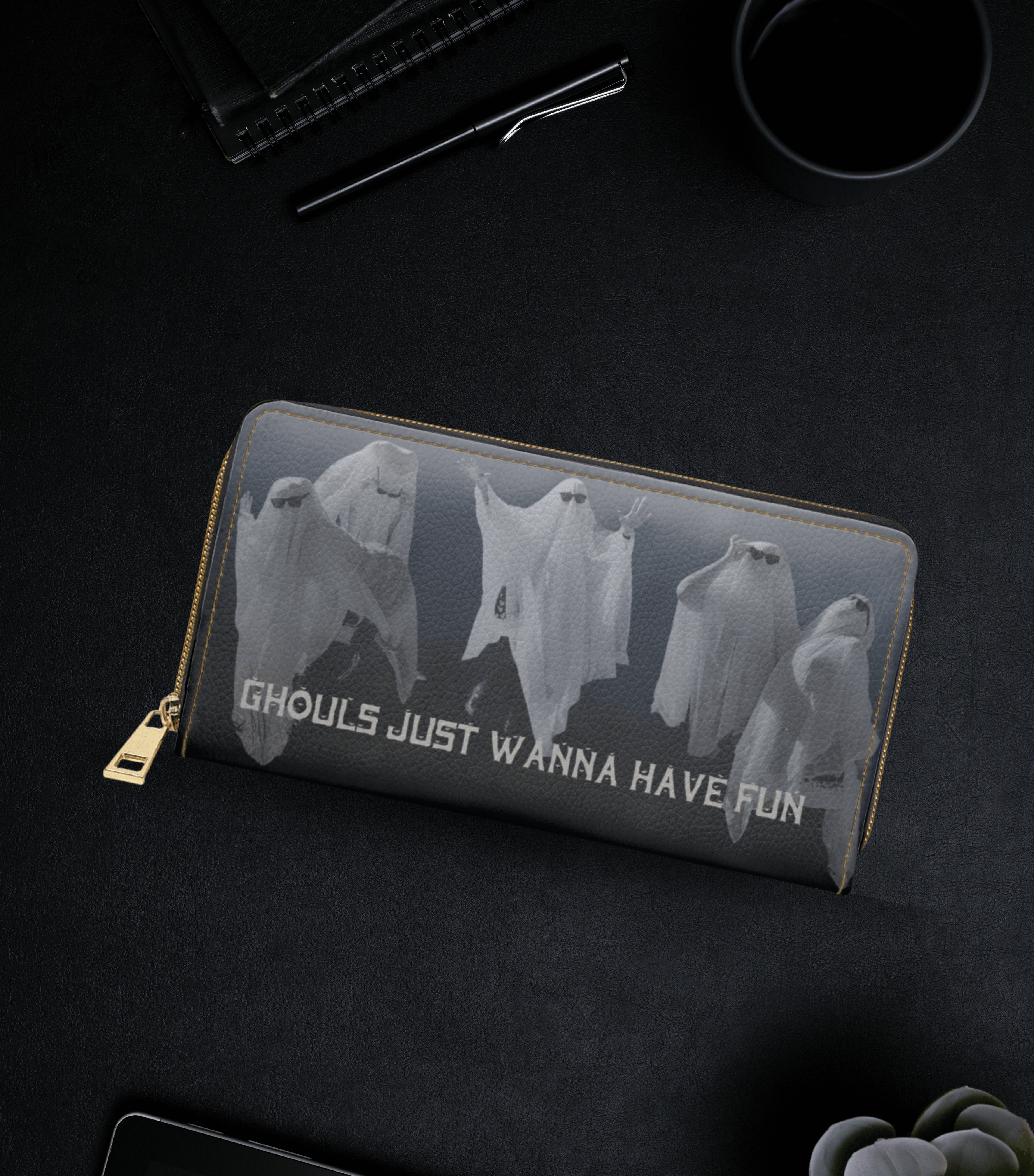 Ghouls just wanna have fun ghost sunglasses funny spooky faux leather zipper wallet gold hardware