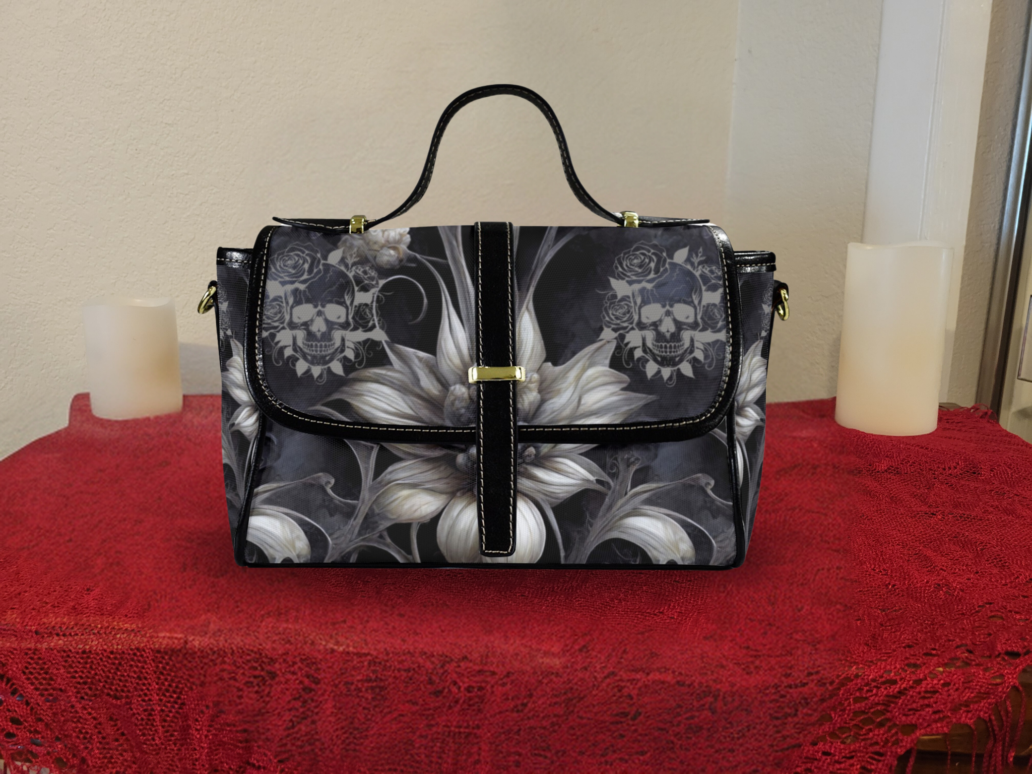 
Gothic botanical skull white lily rose waterproof canvas crossbody satchel purse charcoal black