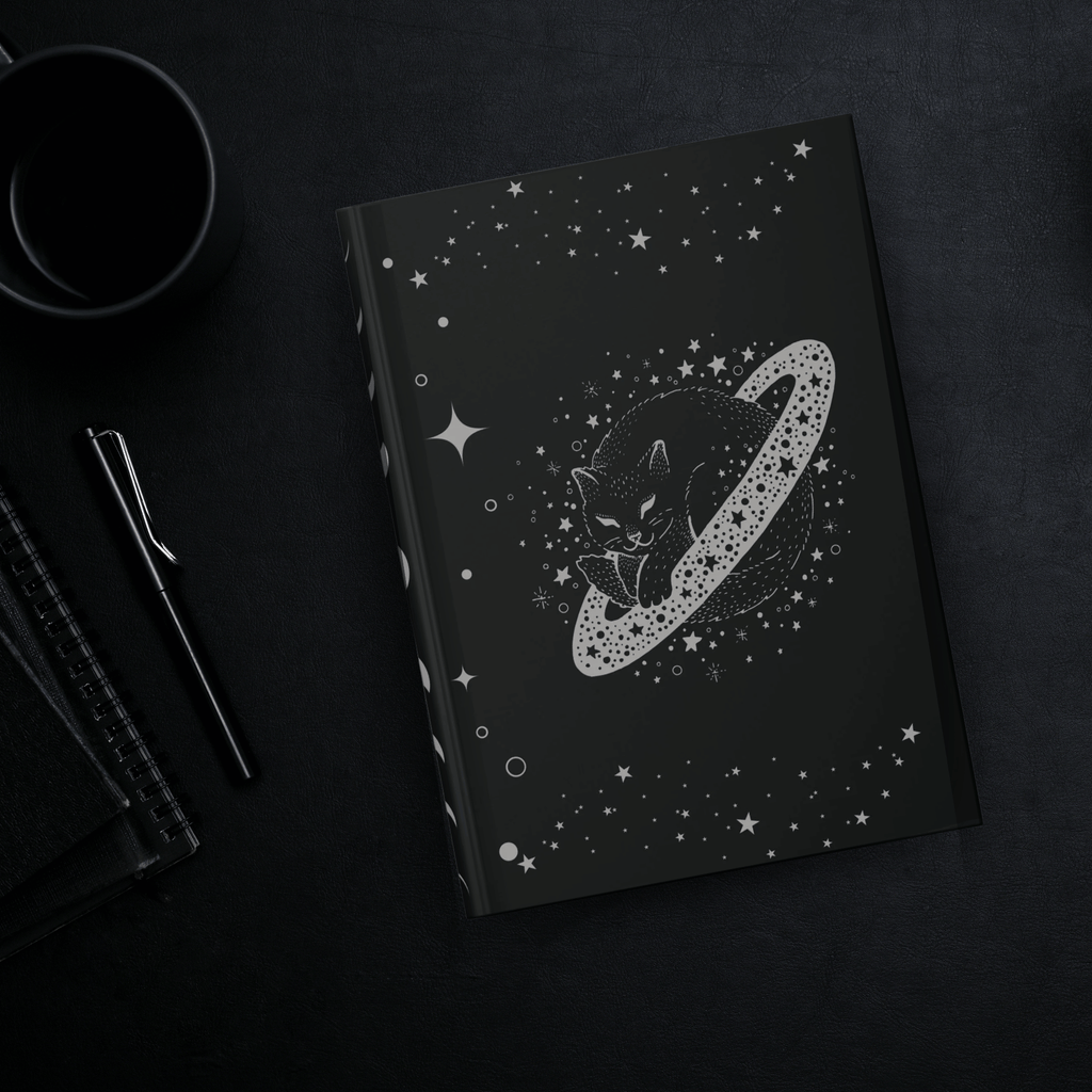 
Gothic hardcover journal with grey linework black cat curled inside a Saturn-like planetary ring surrounded by stars and cosmic dots on deep black background