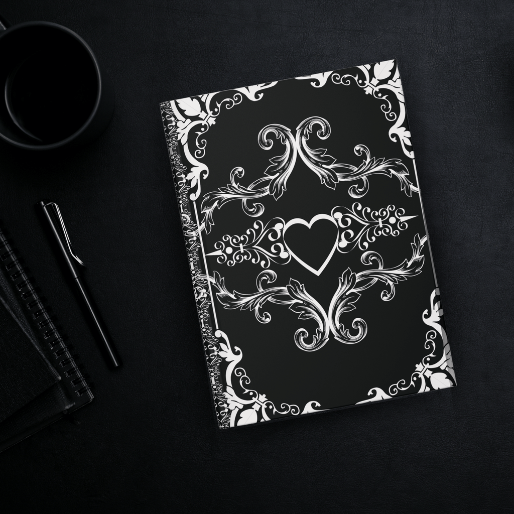 Gothic hardcover journal with white Victorian baroque scrollwork and hearts on a deep matte black background