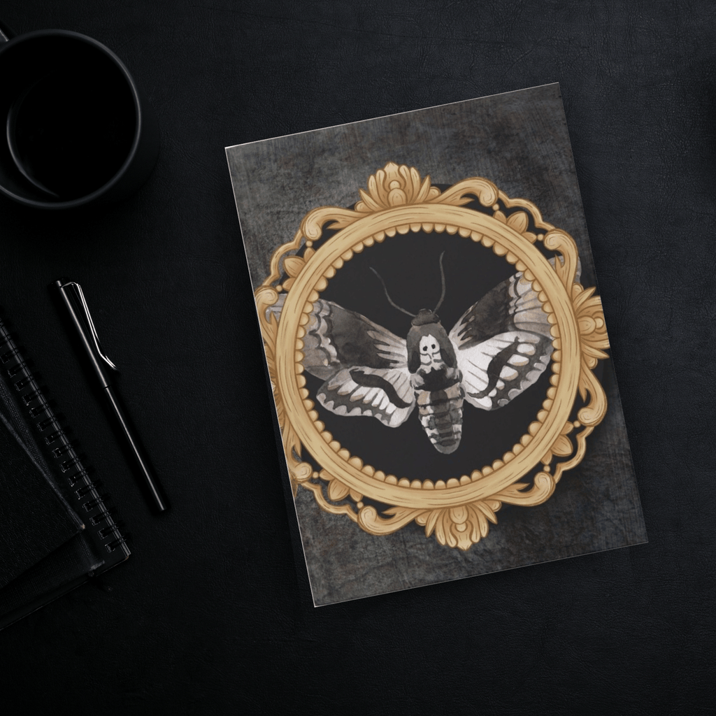 Gothic hardcover journal with a death's head moth centered inside an ornate gold baroque cameo frame against a deep slate and teal-washed black background