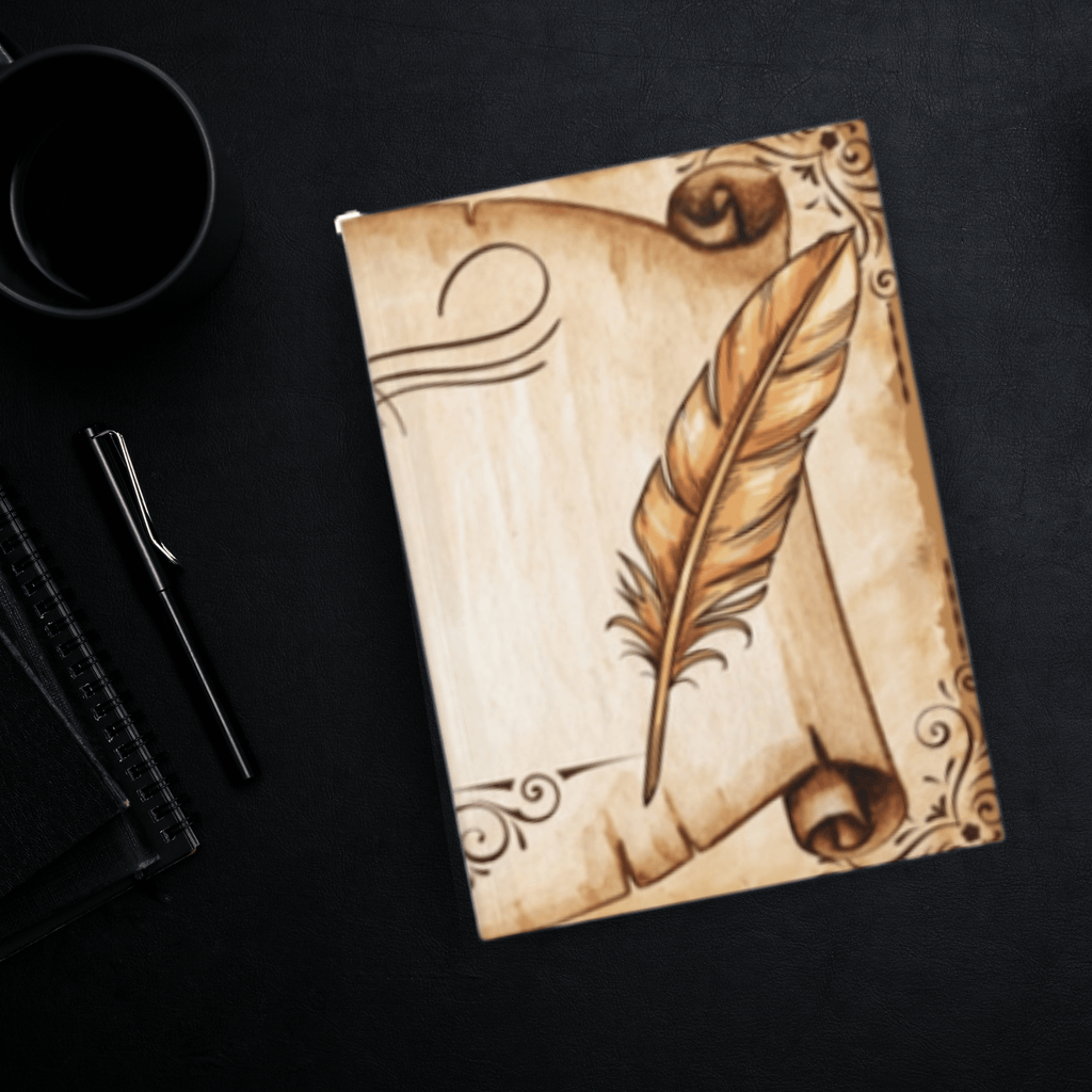 Dark academia hardcover journal open flat showing a weathered parchment scroll flanked by golden quill feathers with aged ornamental corner scrollwork in warm sepia and amber tones