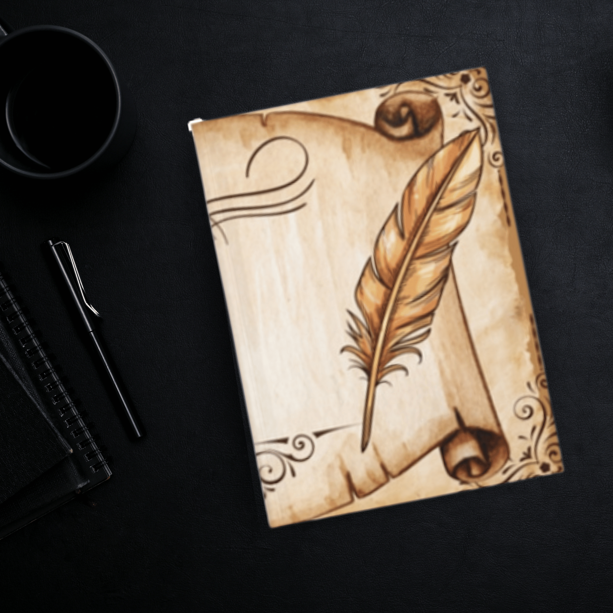 Dark academia hardcover journal open flat showing a weathered parchment scroll flanked by golden quill feathers with aged ornamental corner scrollwork in warm sepia and amber tones