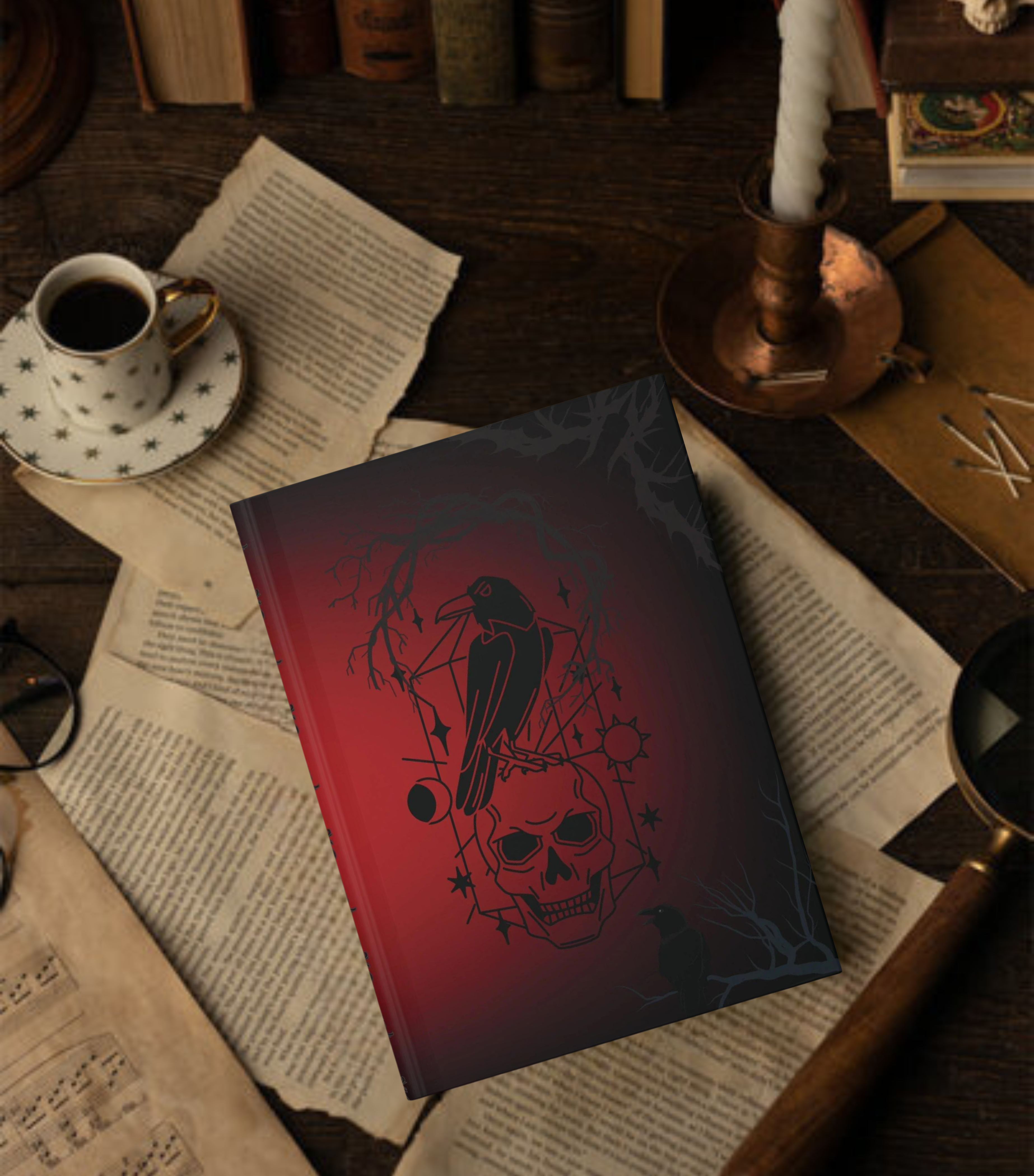 Gothic Raven & Skull Journal — Crimson Dark Academia Hardcover Spell Book