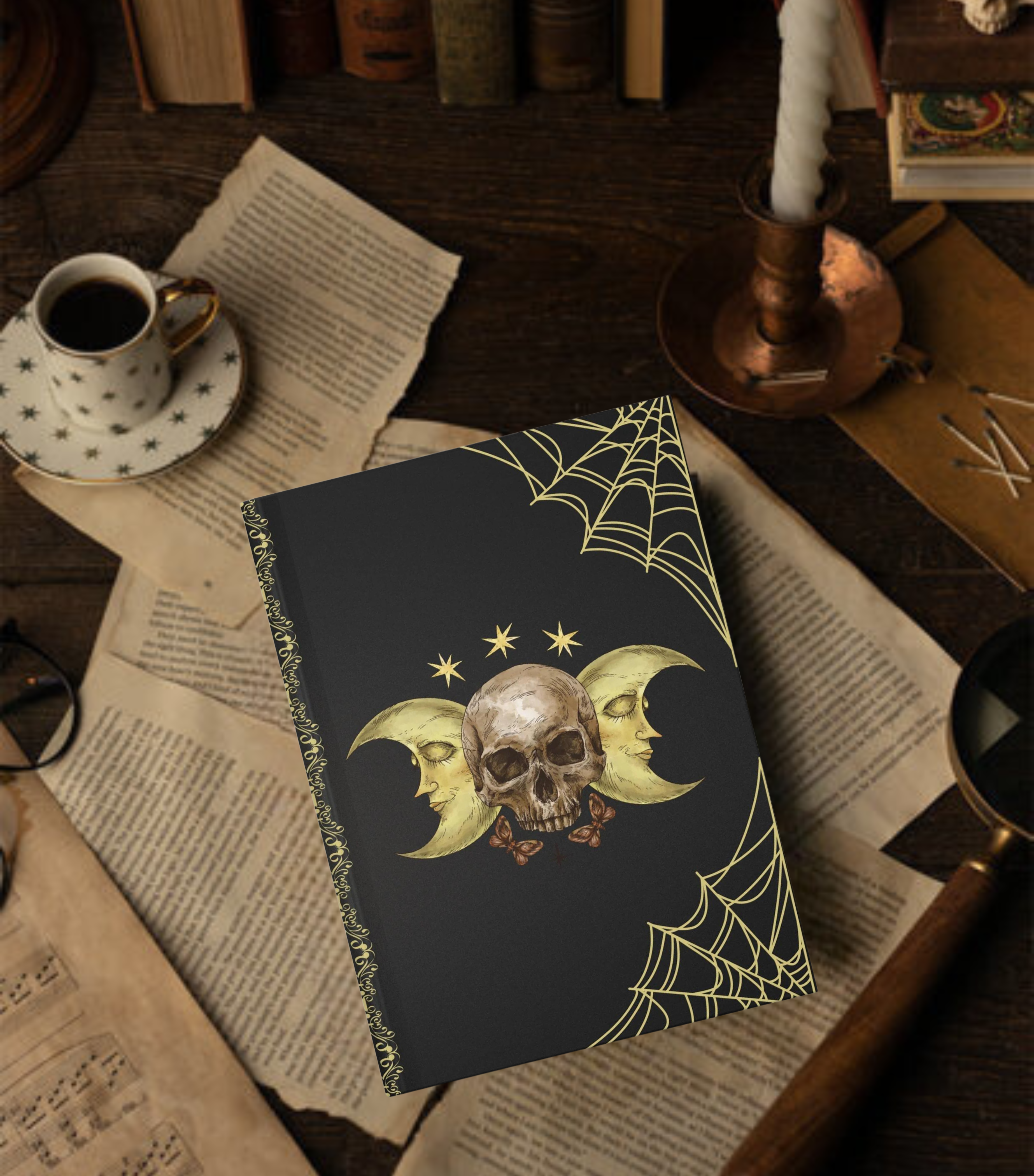 Gothic Skull & Crescent Moon Journal — Gold Spider Web Hardcover Spell Book