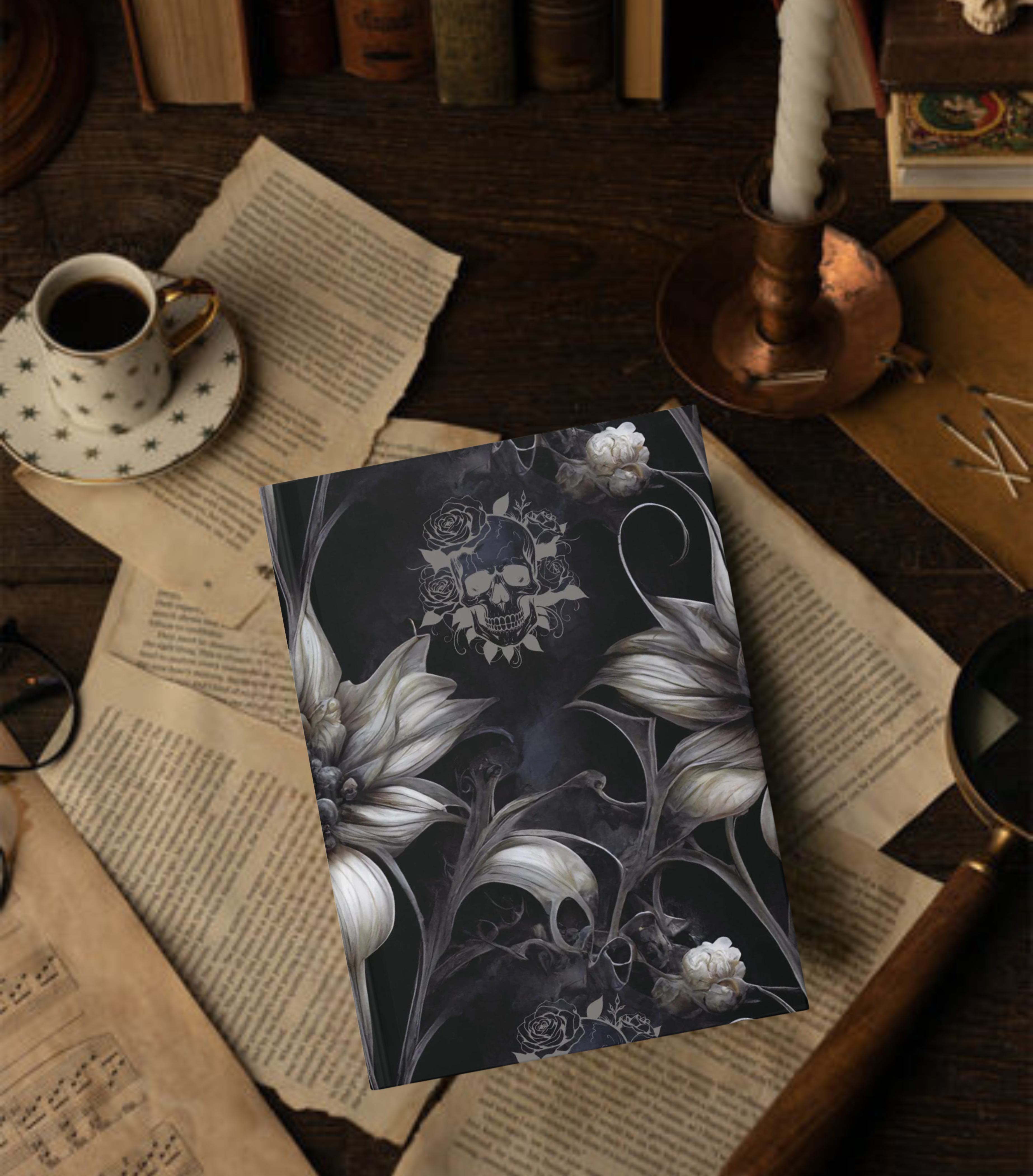 Gothic Botanical Skull Journal — Dark Floral Hardcover Spell Book