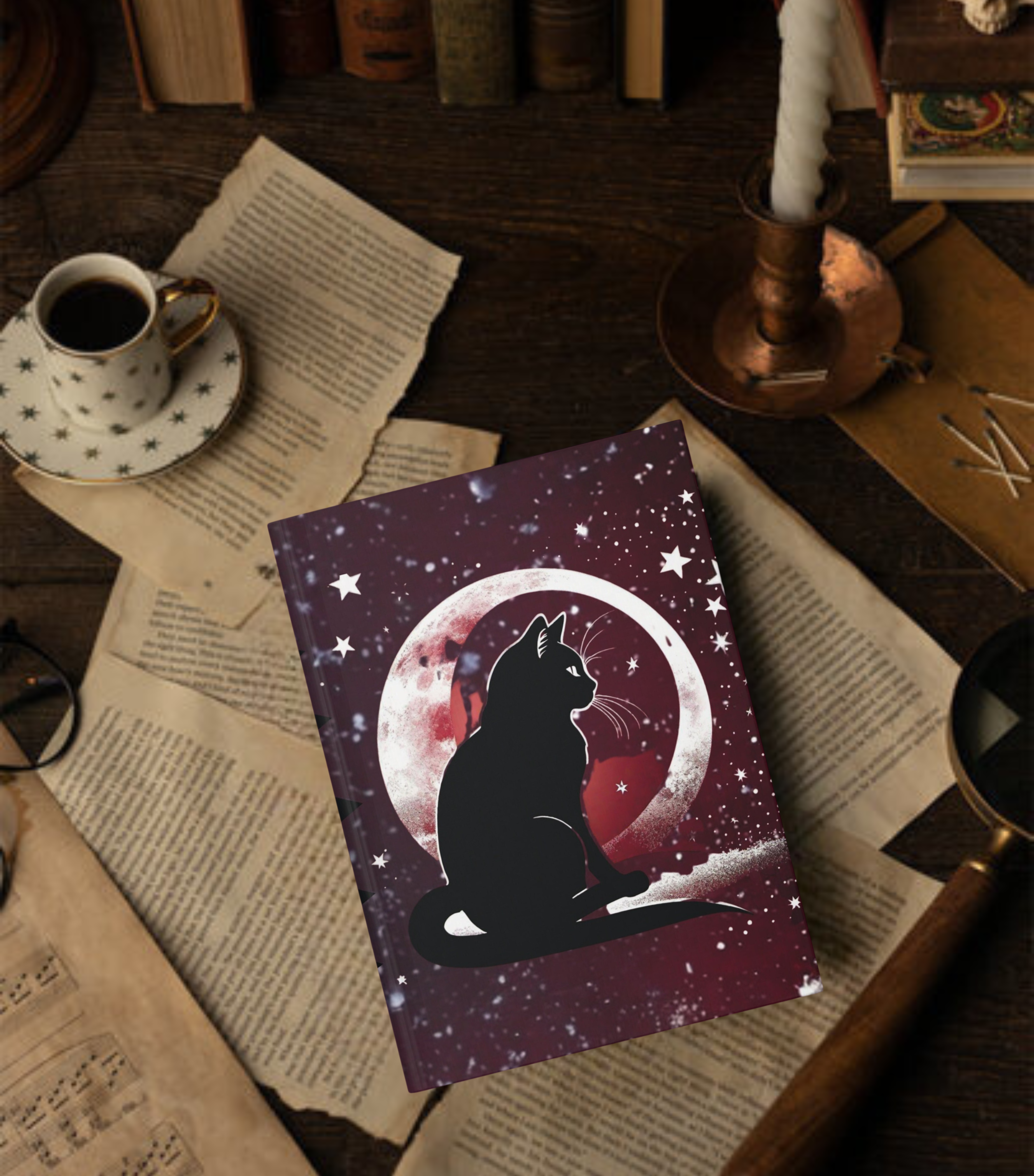 Gothic Black Cat Full Moon Journal — Crimson Starfield Hardcover Spell Book