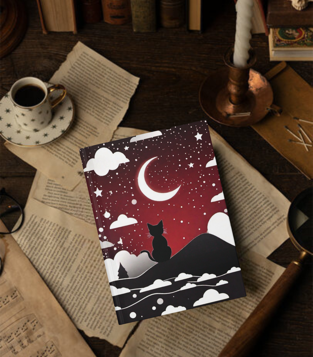 Gothic Black Cat Midnight Journal — Crimson Crescent Moon Hardcover Spell Book
