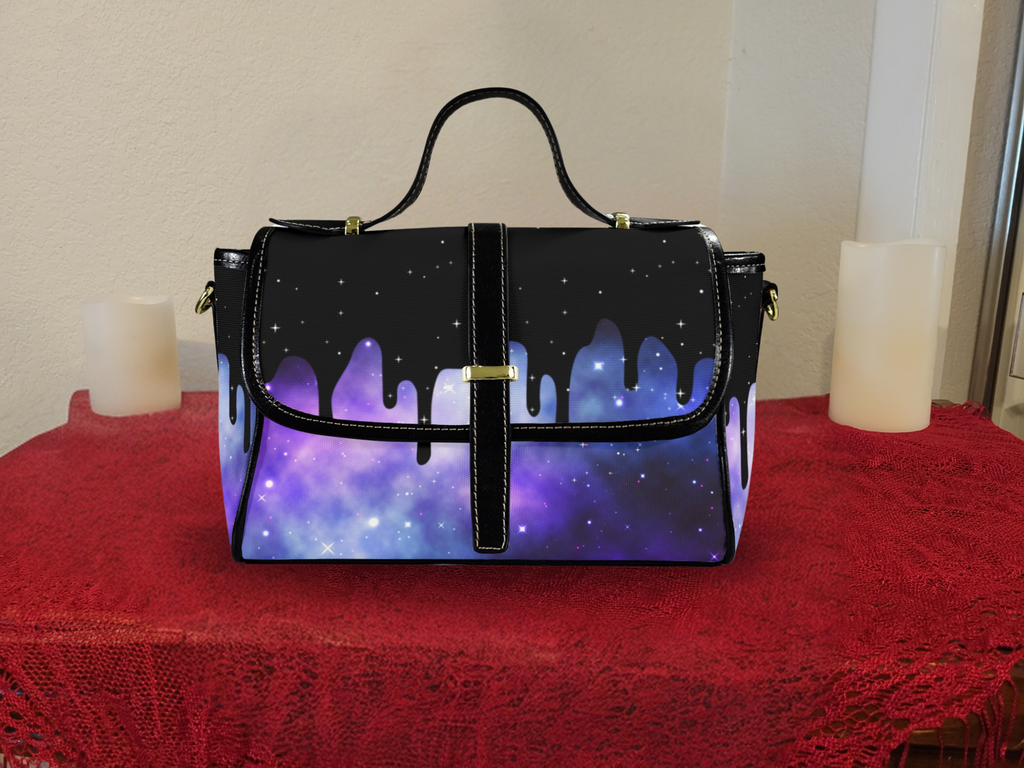 Pastel goth black drip purple blue galaxy nebula waterproof canvas crossbody satchel purse
