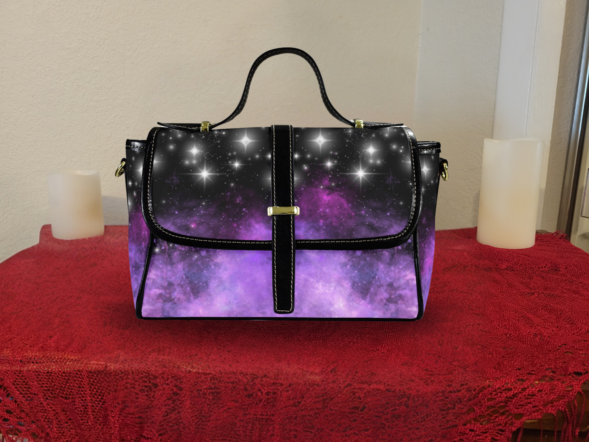 Purple galaxy nebula star burst waterproof canvas crossbody satchel purse black purple ombre