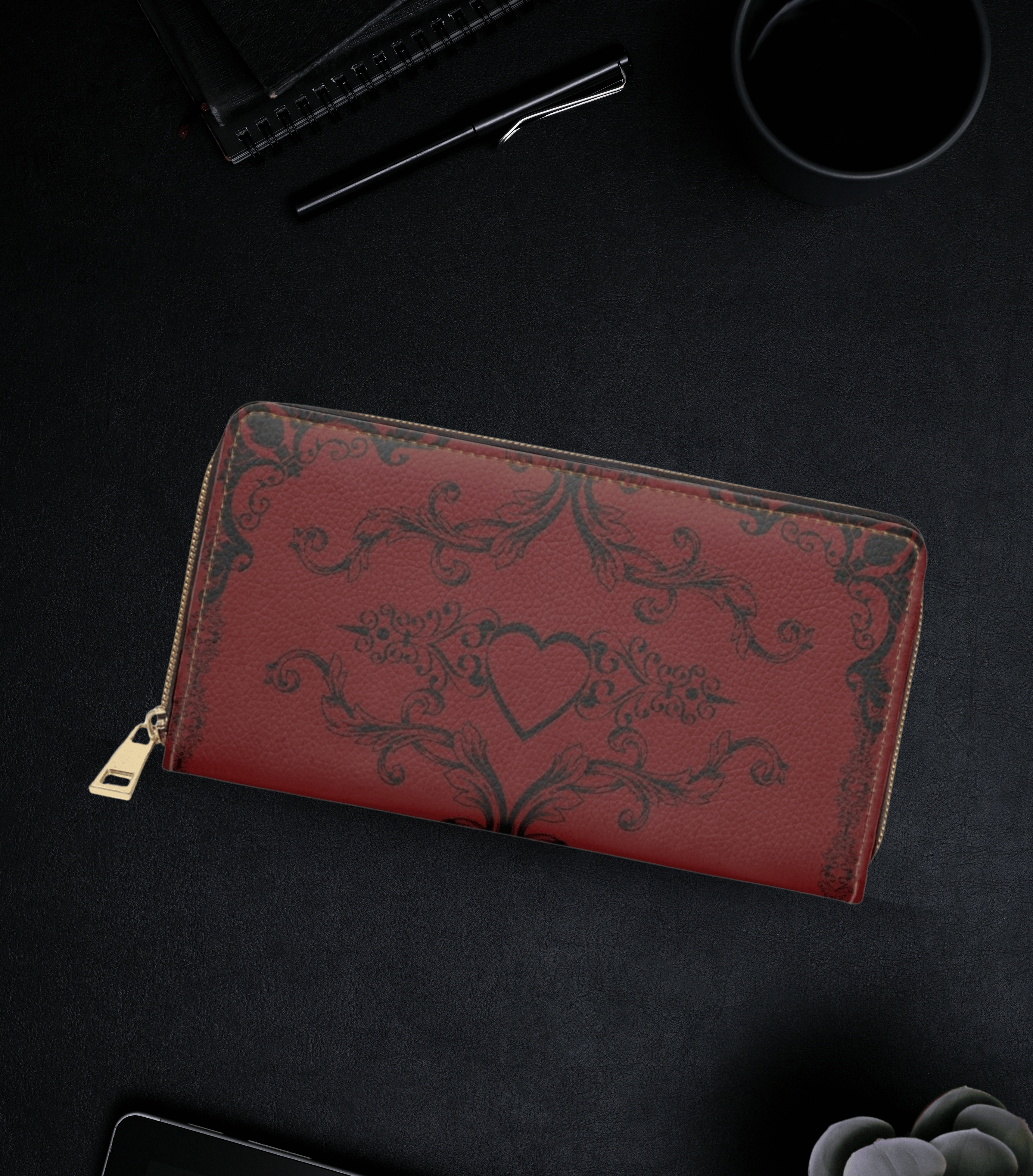 Dark academia gothic heart black floral scrollwork crimson red faux leather zipper wallet gold hardware

Next one whenever you're ready.