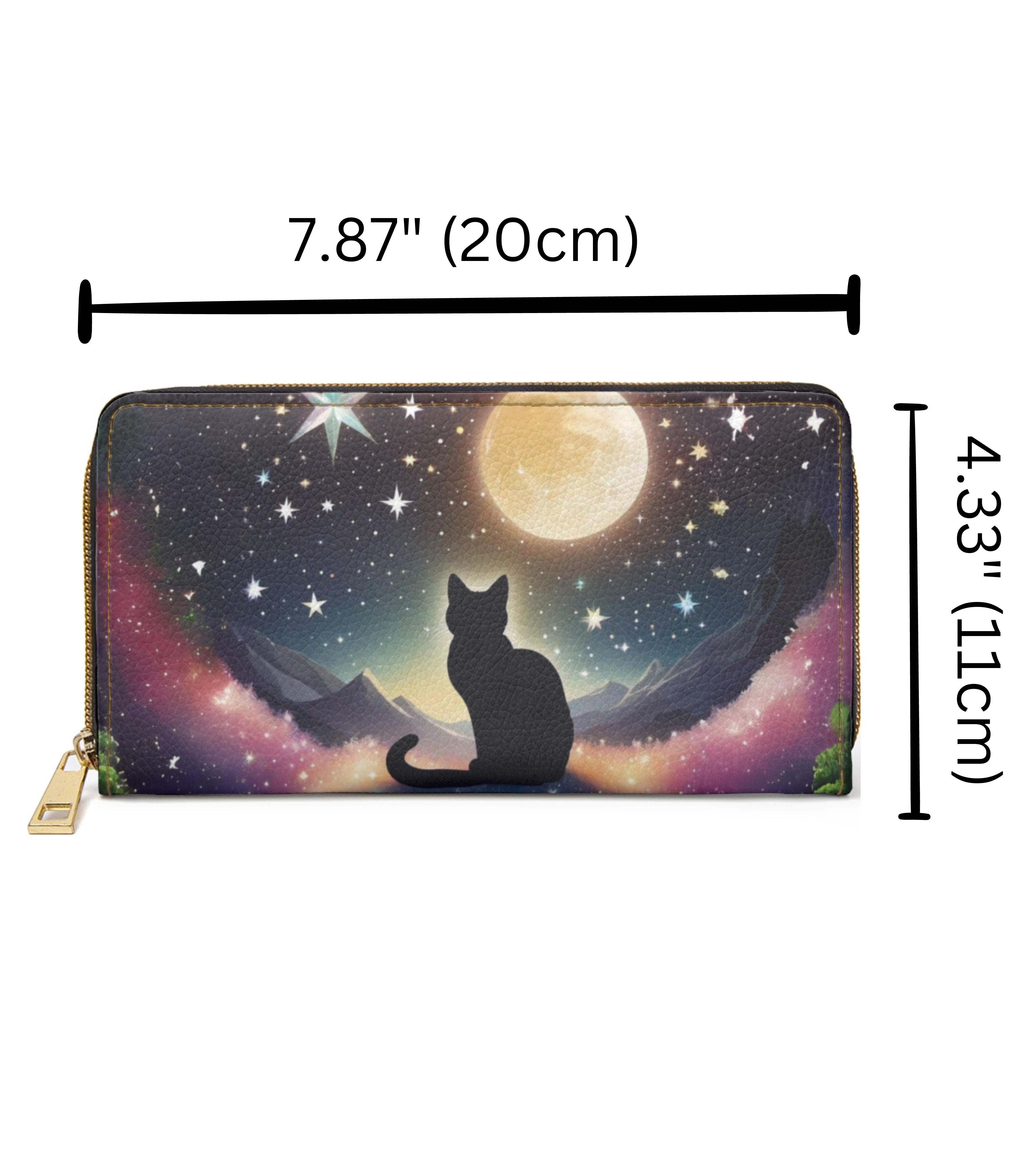 Gothic Black Cat Full Moon Wallet | Celestial Night Sky Faux Leather Zipper Clutch