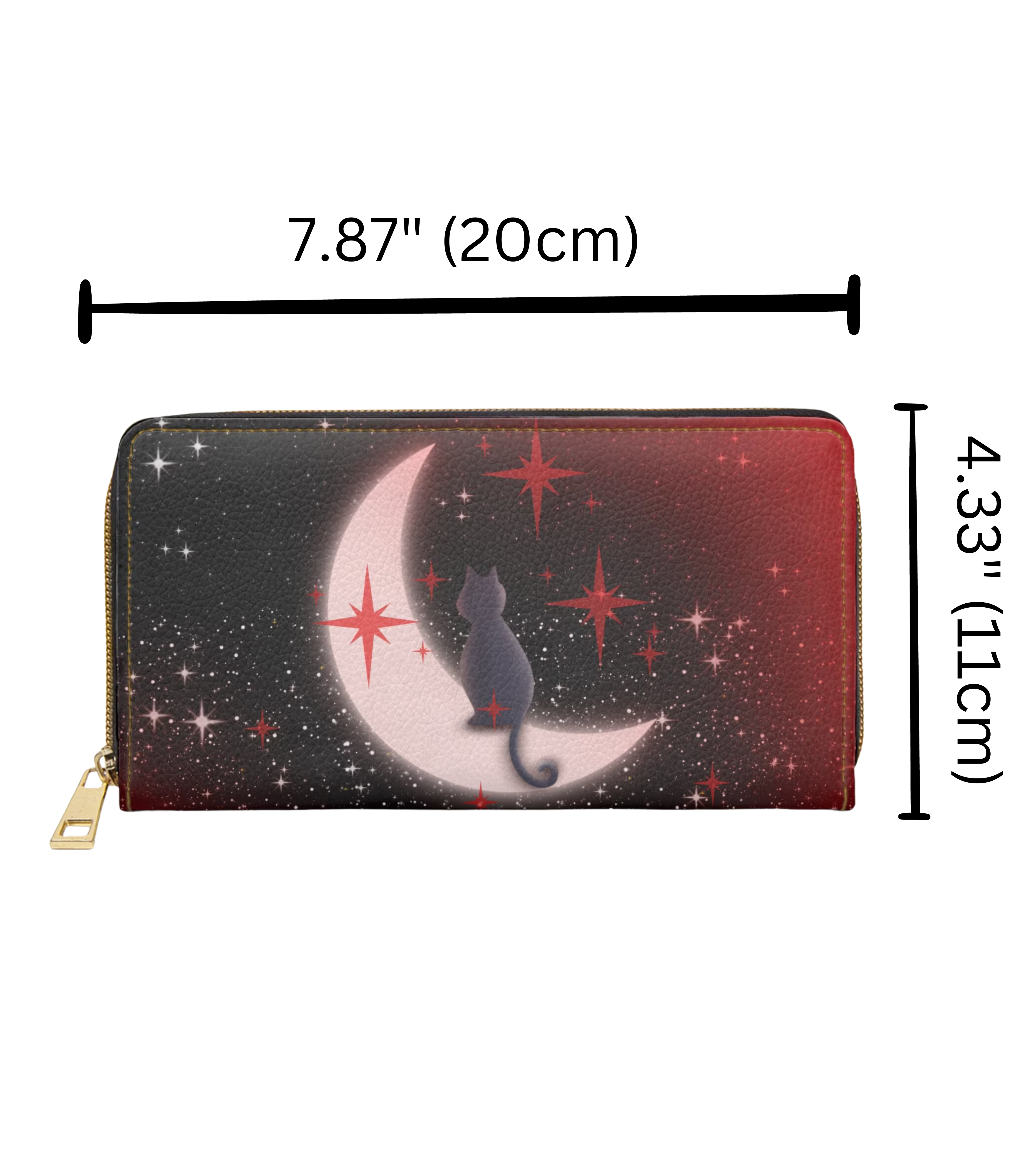 Gothic Celestial Cat Moon Wallet | Crimson Starfield Faux Leather Zipper Clutch