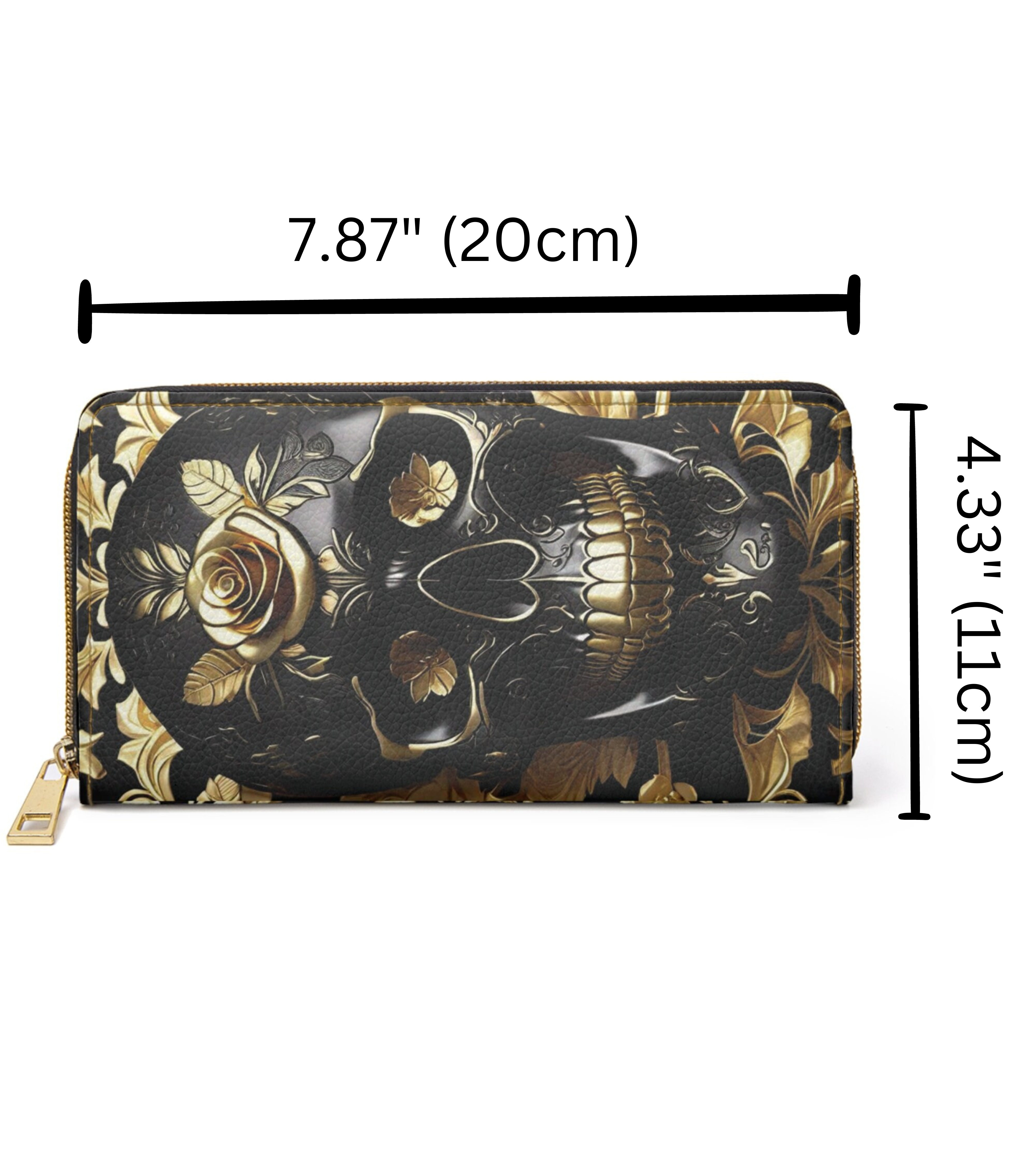 Gothic Black & Gold Skull Rose Wallet | Cruelty Free Faux Leather Zipper Clutch