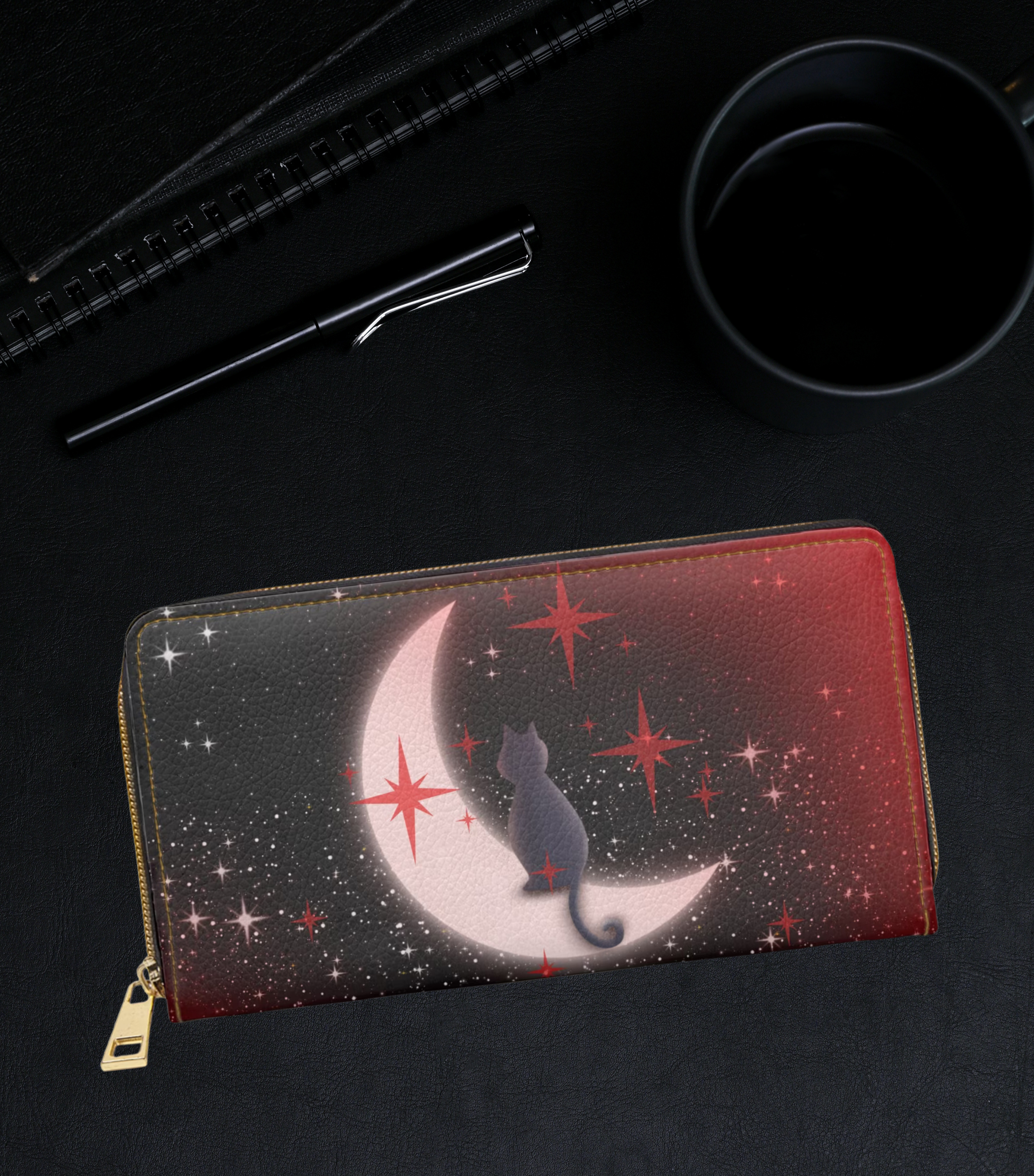Gothic grey cat crescent moon crimson black starfield red white stars faux leather zipper wallet gold hardware