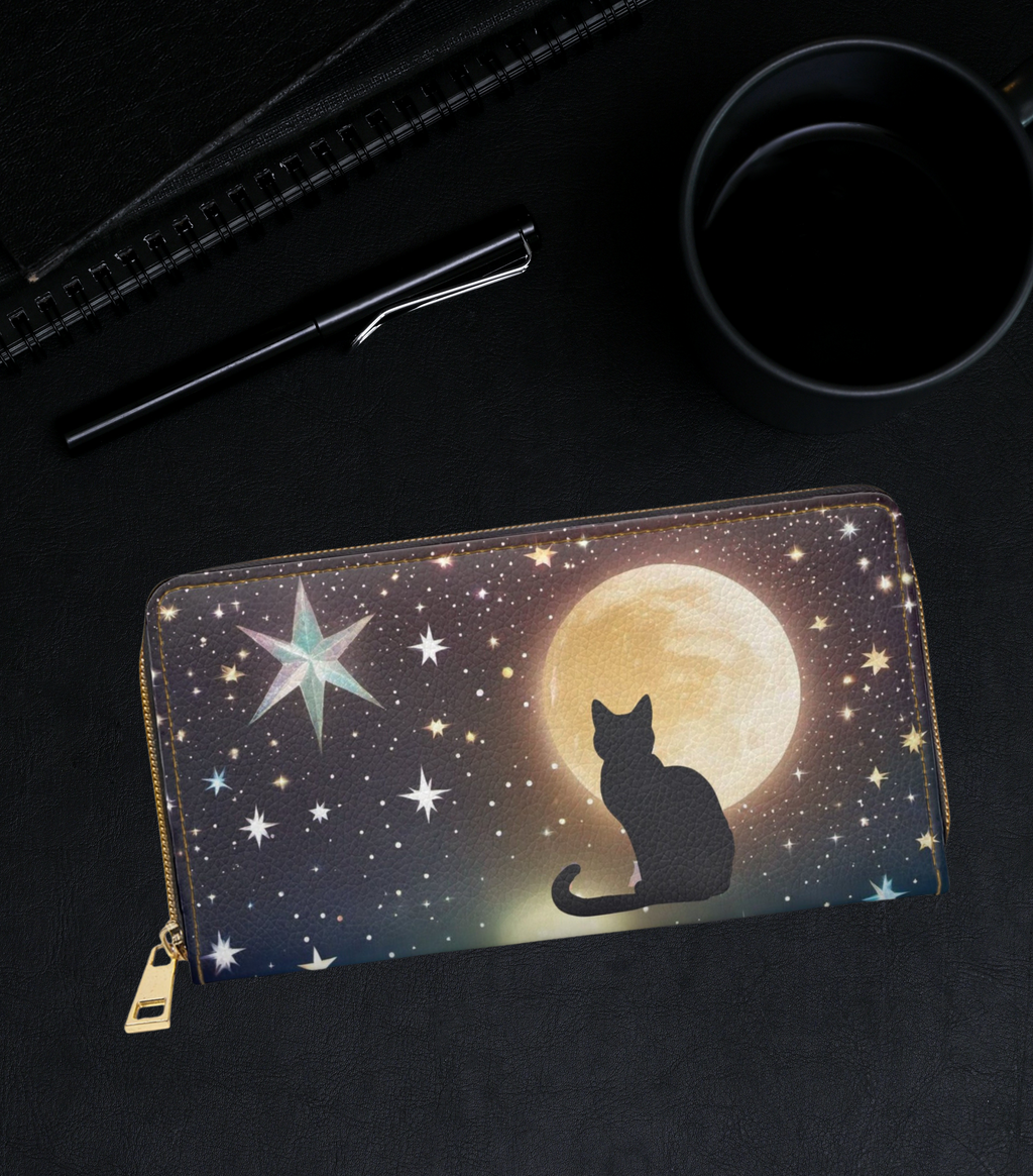 Gothic Black Cat Full Moon Wallet | Celestial Night Sky Faux Leather Zipper Clutch