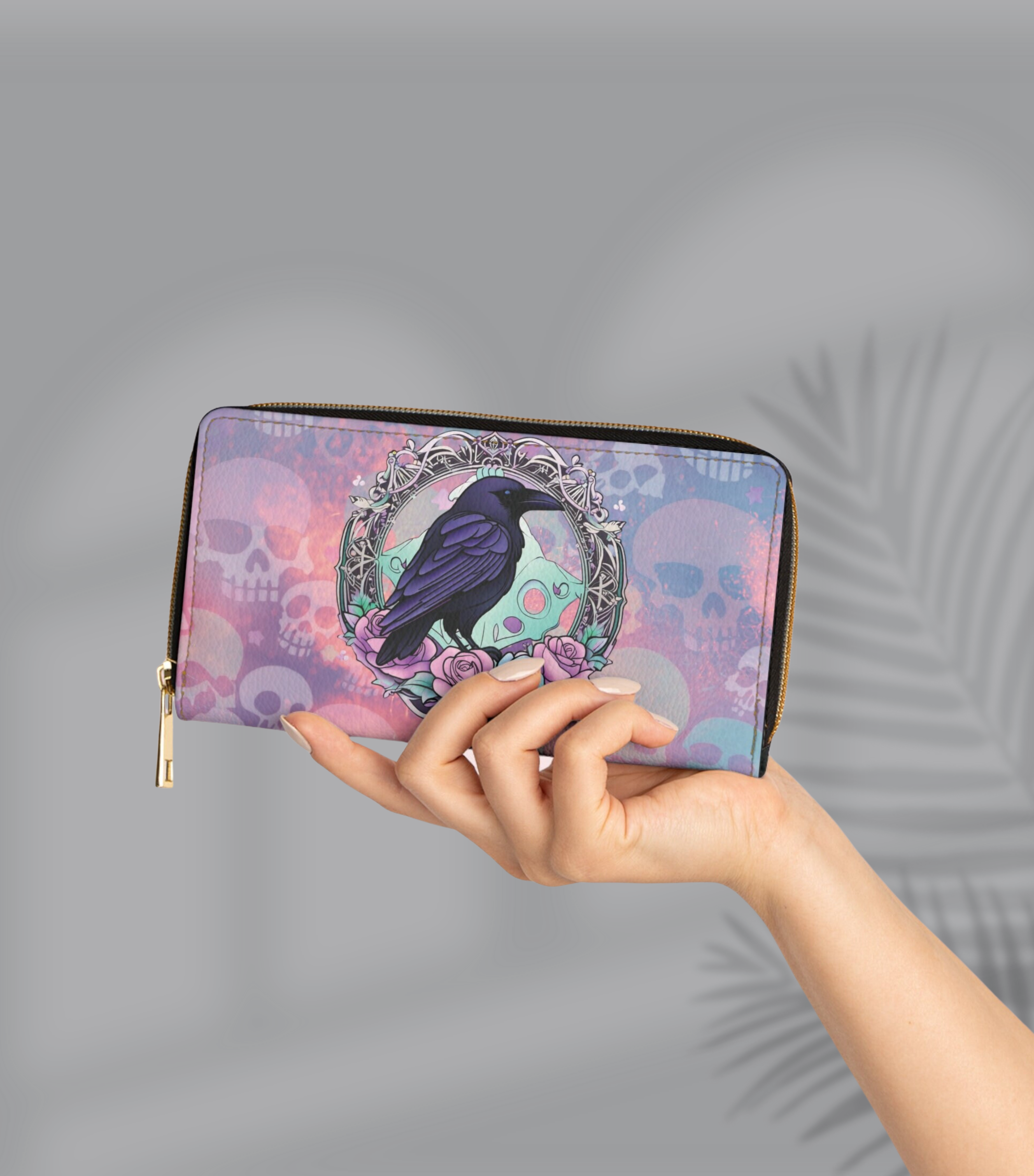 Pastel Goth Raven & Skull Wallet | Gothic Rose Faux Leather Zipper Clutch
