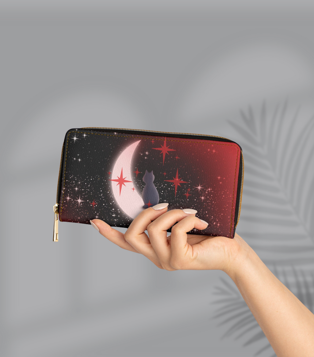 Gothic Celestial Cat Moon Wallet | Crimson Starfield Faux Leather Zipper Clutch