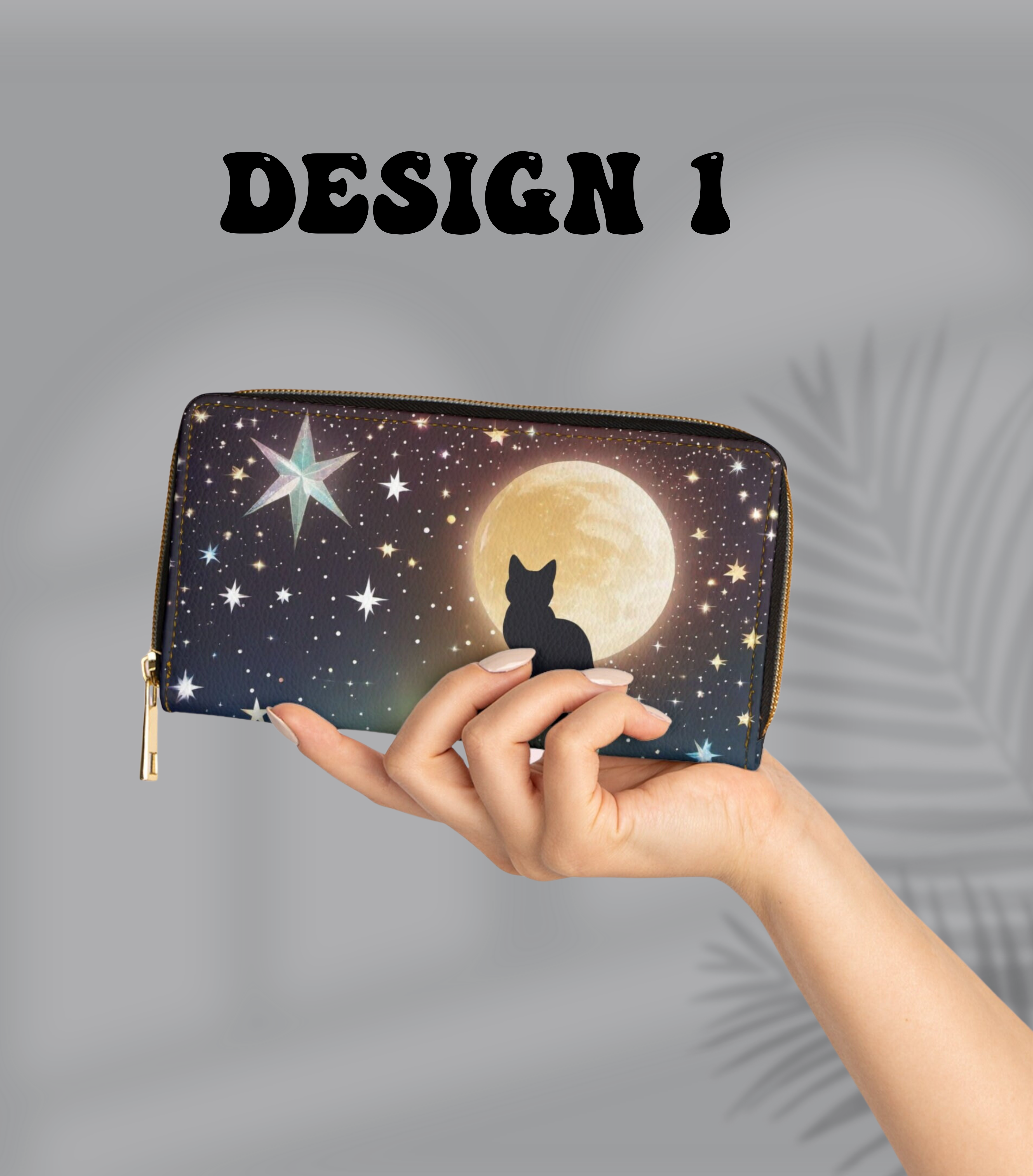 Gothic Black Cat Full Moon Wallet | Celestial Night Sky Faux Leather Zipper Clutch