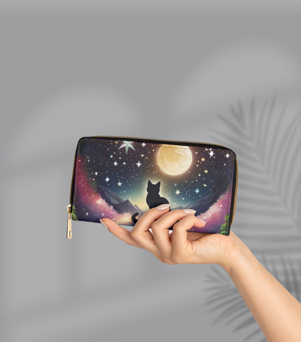Gothic Black Cat Full Moon Wallet | Celestial Night Sky Faux Leather Zipper Clutch