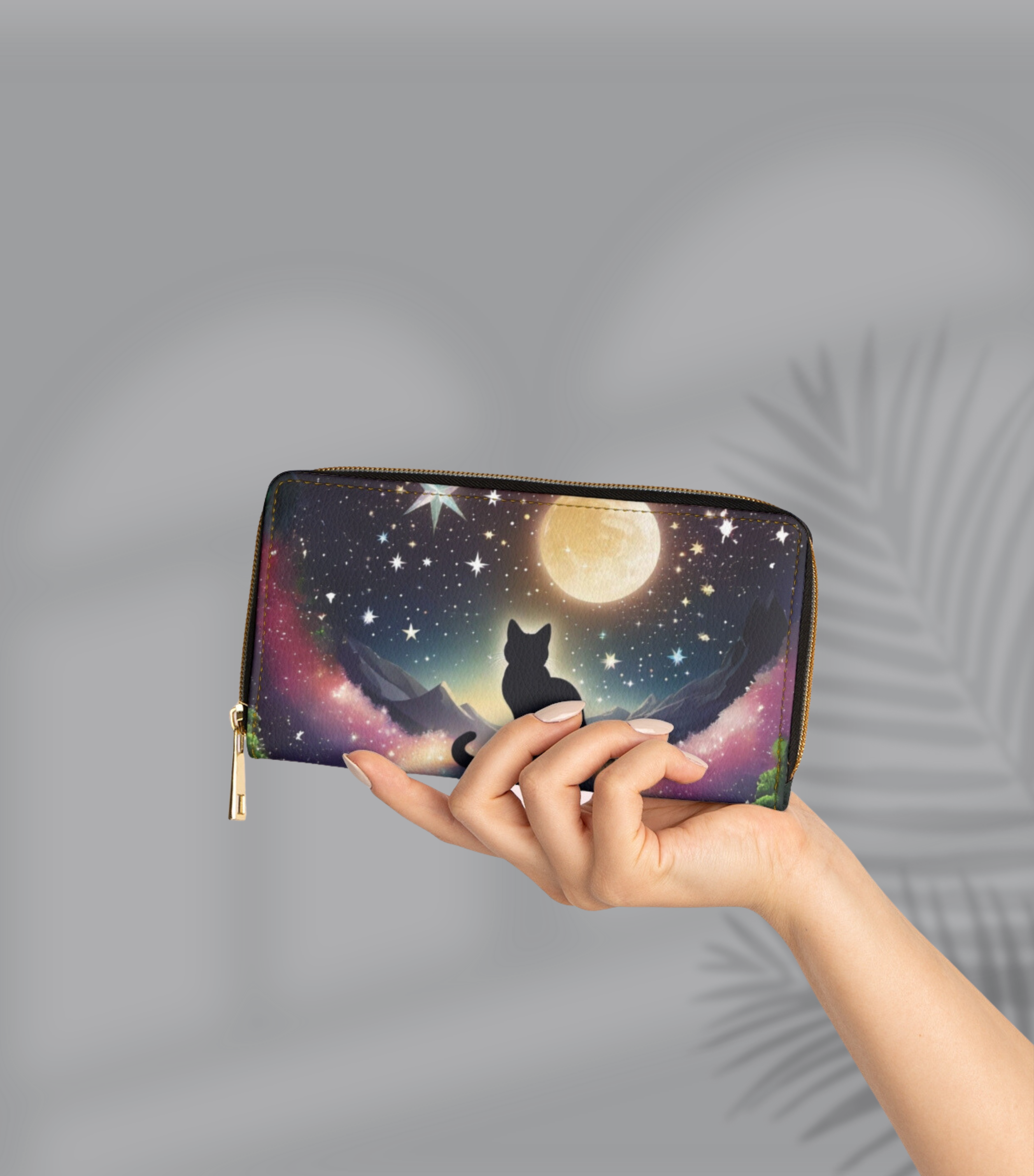 Gothic Black Cat Full Moon Wallet | Celestial Night Sky Faux Leather Zipper Clutch